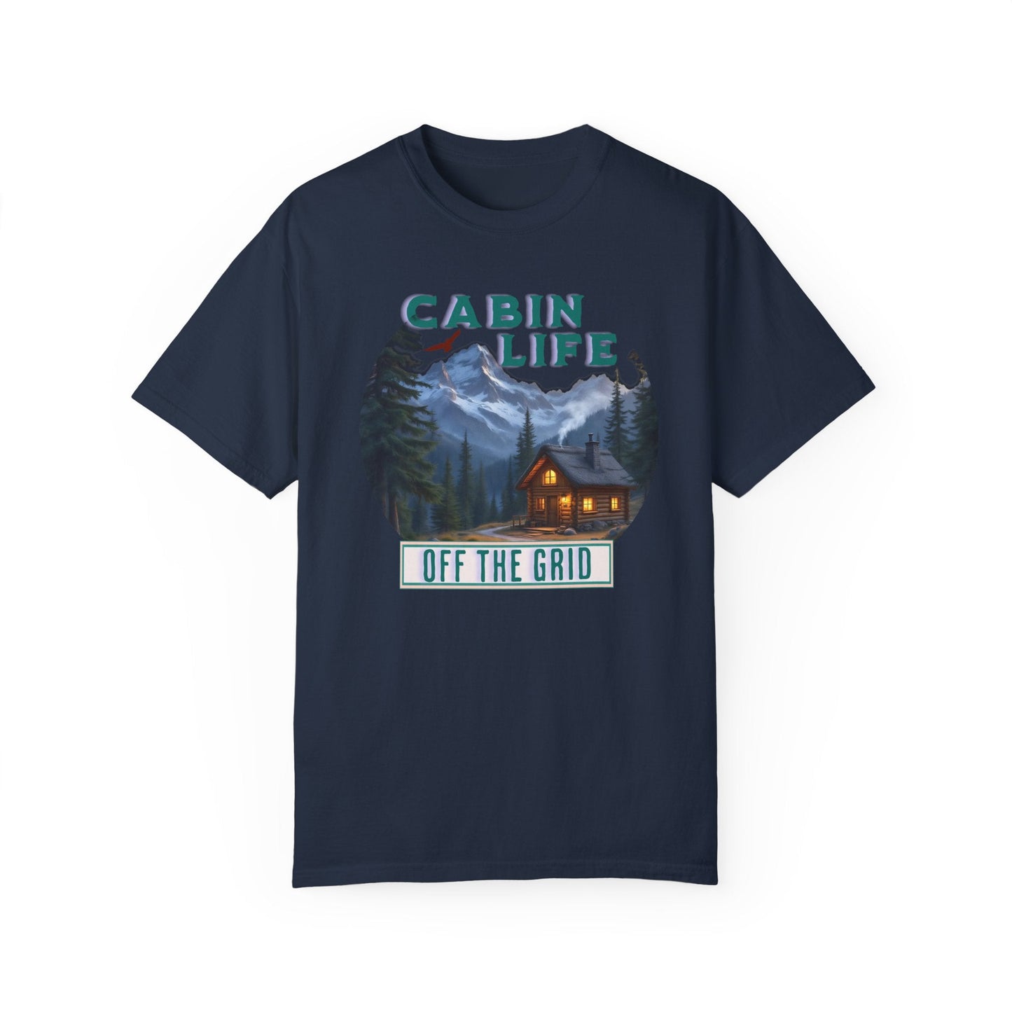 Cabin Life Off The Grid T-Shirt featuring rugged design elements, perfect for outdoor enthusiasts. Crafted from soft, durable 100% US cotton, it offers a relaxed fit with double-needle stitching and crew neckline.