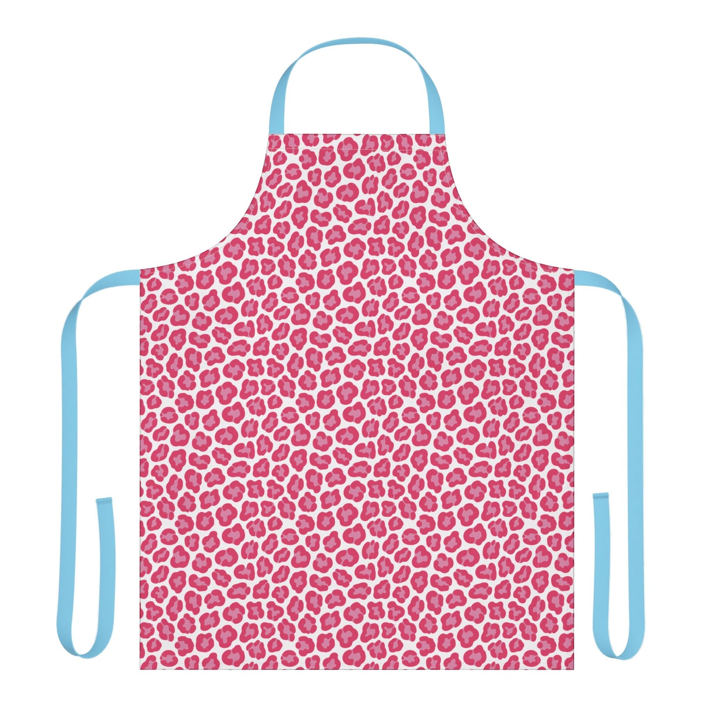 Apron, Cheetah Print: A stylish, functional apron with a chic cheetah pattern, perfect for fashion-forward chefs. Features adjustable blue straps and a comfortable fit, embodying FireBrook Designs' uplifting style.