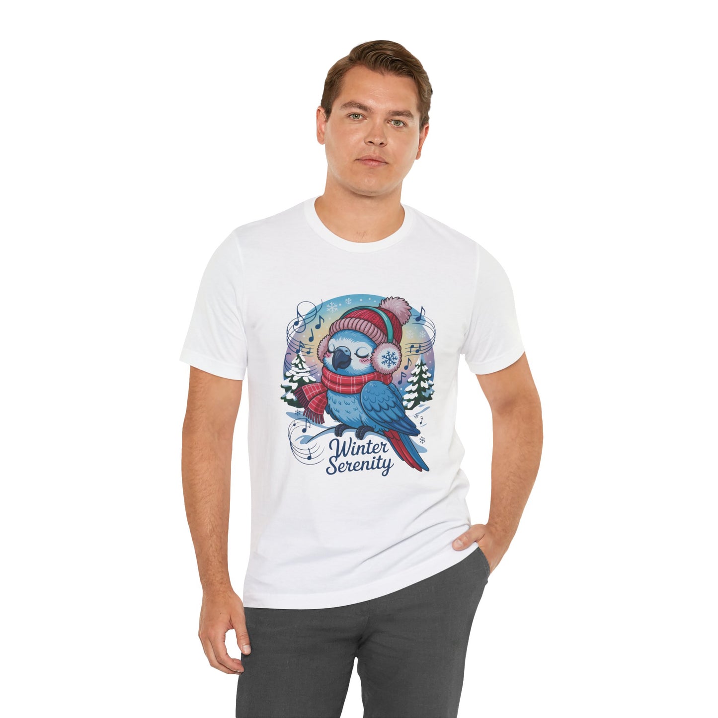 Winter Serenity Cute Baby Parrot Unisex T-Shirt featuring a charming baby parrot design. This cozy, Airlume cotton tee offers a retail fit, with shoulder tape and a ribbed collar for added style and comfort.