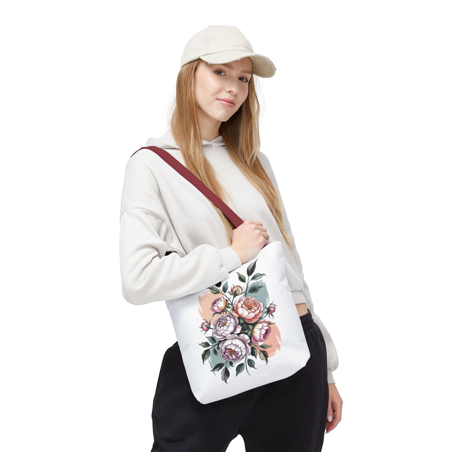 Vintage Peony Tote Bag featuring a classic floral design, perfect for nature enthusiasts. Made from durable polyester with reinforced handles, it offers ample space for essentials, embodying FireBrook Designs' blend of style and practicality.