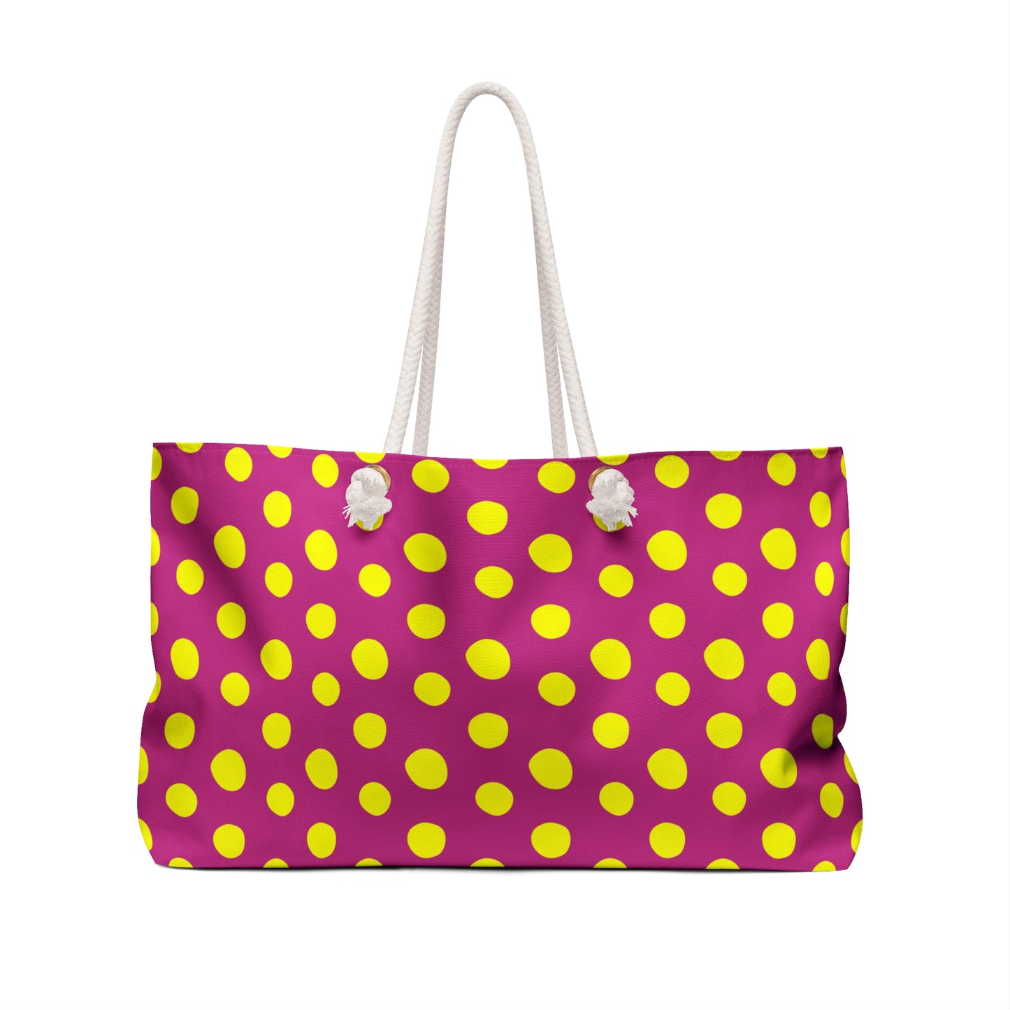 Yellow Polka Dot Red Weekender Bag with rope handles and a generous size, ideal for stylish travel; embodies FireBrook Designs' playful and uplifting spirit for joyful weekend getaways.