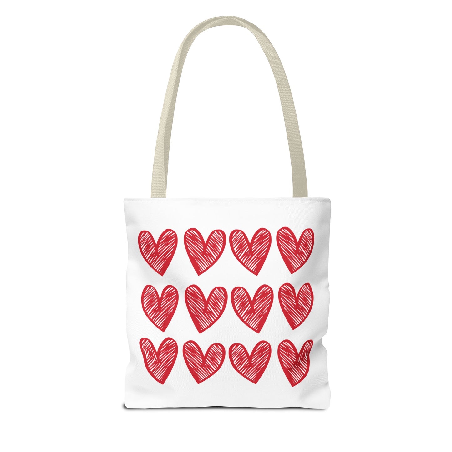 Hearts Tote Bag, a stylish and durable tote adorned with red hearts, perfect for adding charm to everyday outfits. Designed for versatility, ideal for special occasions and daily use.