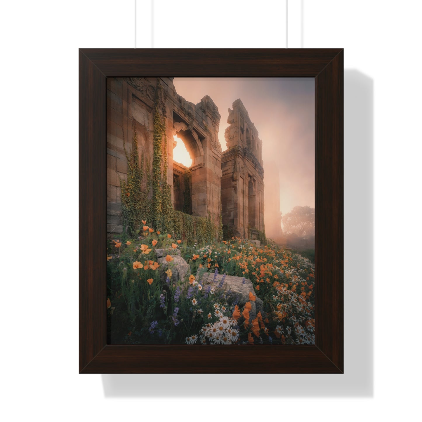Vertical Poster - Ancient Palace Ruins with Wildflowers and Sunrise Photography Art Print, featuring vibrant wildflowers framing ancient palace ruins, perfect for adding whimsy and tranquility to any space.