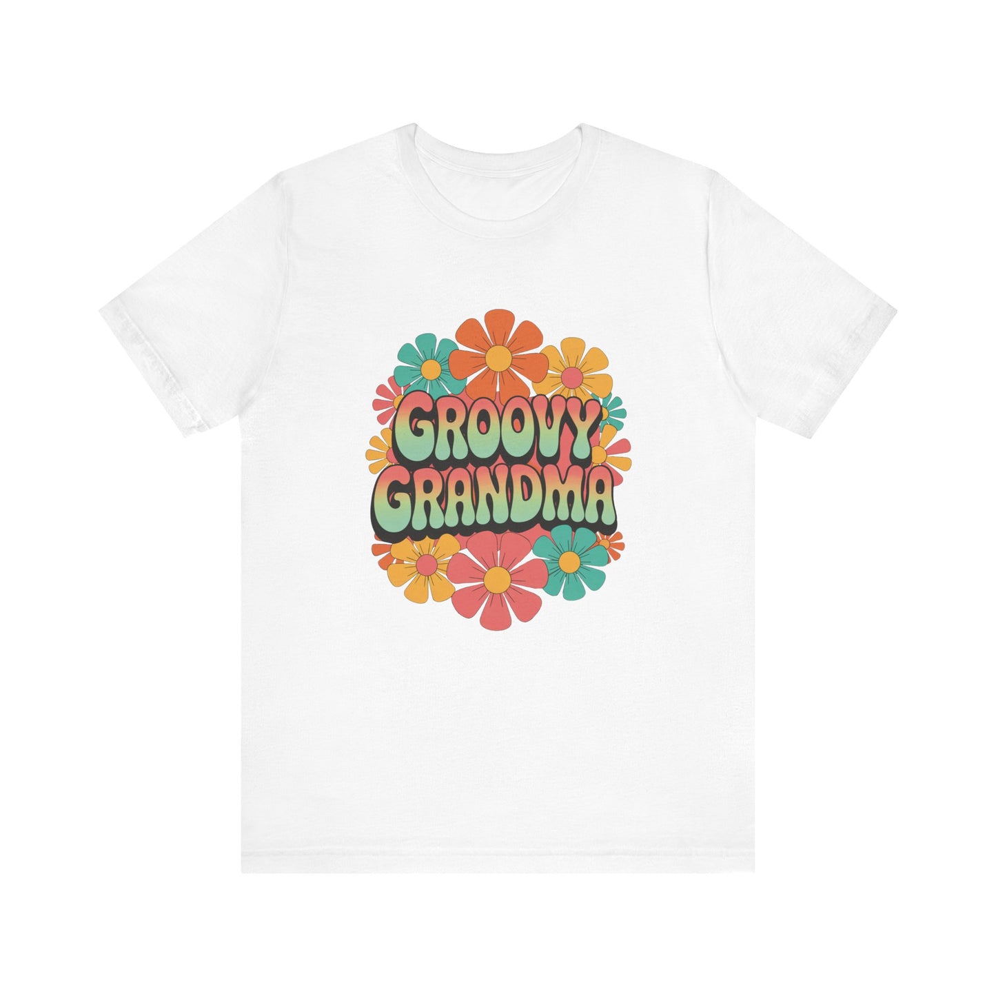 Groovy Grandma for Mother's Day Bella+Canvas Unisex T-Shirt features a colorful floral design, combining retro charm with modern comfort, aligning with FireBrook Essentials' mission of uplifting, stylish apparel.