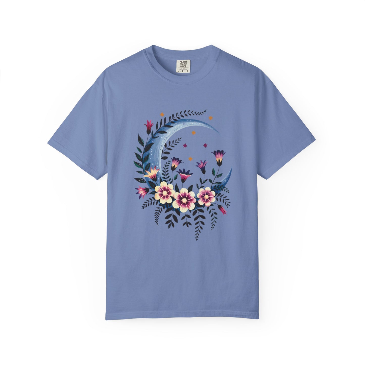 Crescent Moon Floral T-Shirt with a bohemian vibe, features durable double-needle stitching and a relaxed crew neckline, perfect for casual gatherings, embodying FireBrook Essentials' uplifting, stylish apparel ethos.