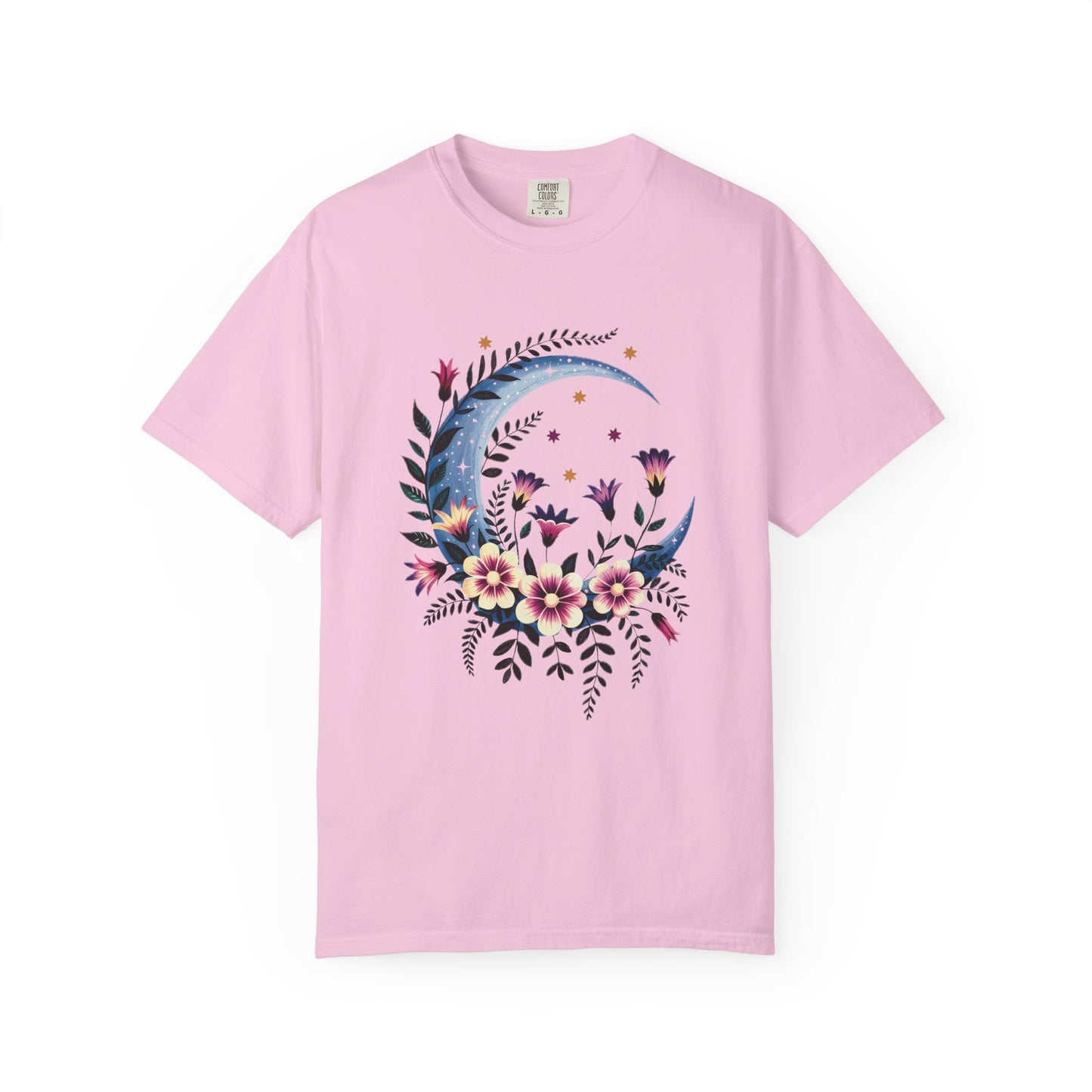 Crescent Moon Floral T-Shirt with a bohemian design, featuring intricate floral patterns and relaxed fit, offering a dreamy vibe for nature lovers, aligning with FireBrook Essentials' stylish and uplifting apparel ethos.