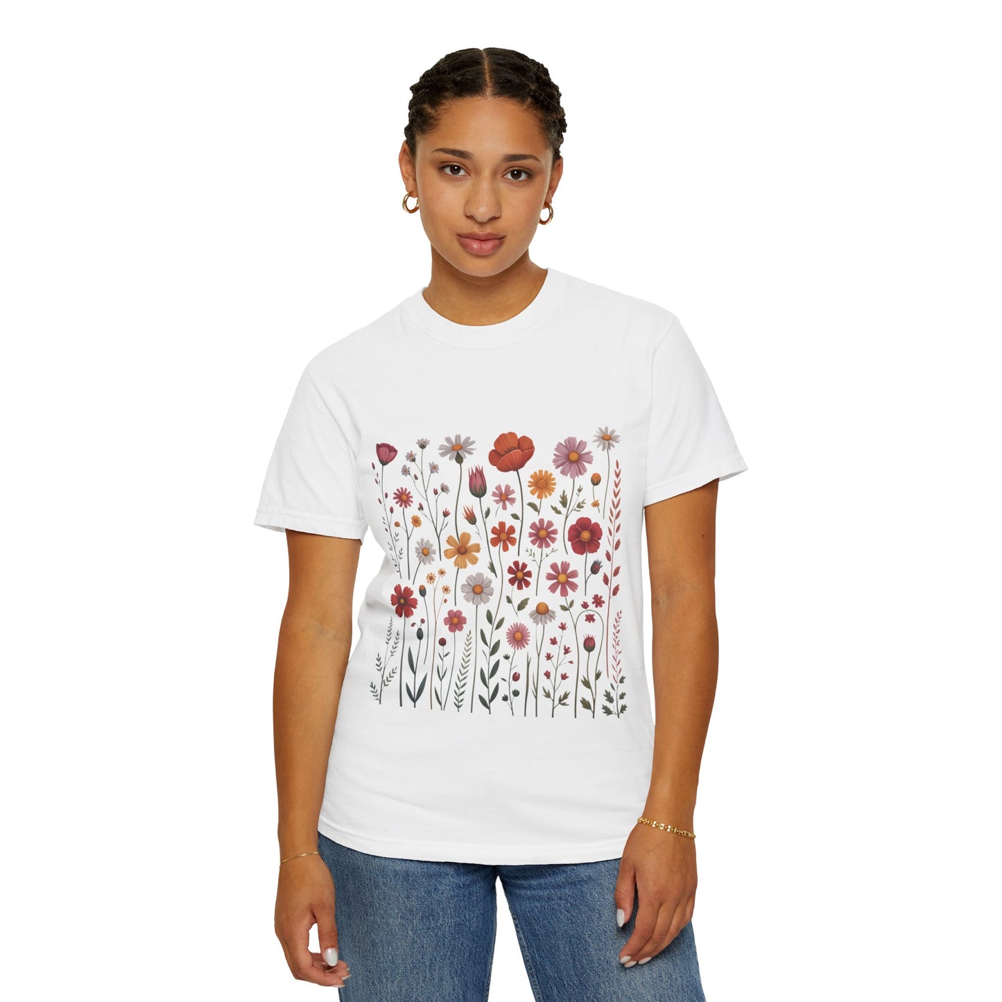 Wildflowers Summer T-Shirt displays a vibrant floral pattern, embodying a carefree summer vibe. Ideal for outdoor adventures, its durable, sleek design aligns with FireBrook Essentials' stylish, joyful ethos.