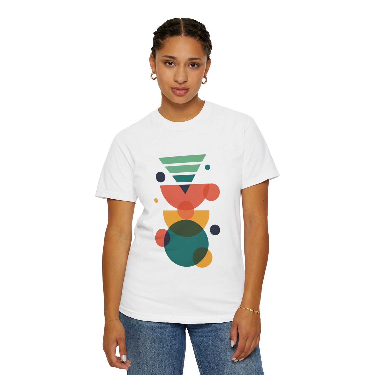 Geometric Abstract in Teal, Blue, Yellow, Pink, Green T-Shirt features a trendy vector-style design with colorful geometric shapes on a soft, relaxed-fit garment-dyed fabric, embodying FireBrook Essentials' stylish, uplifting apparel ethos.