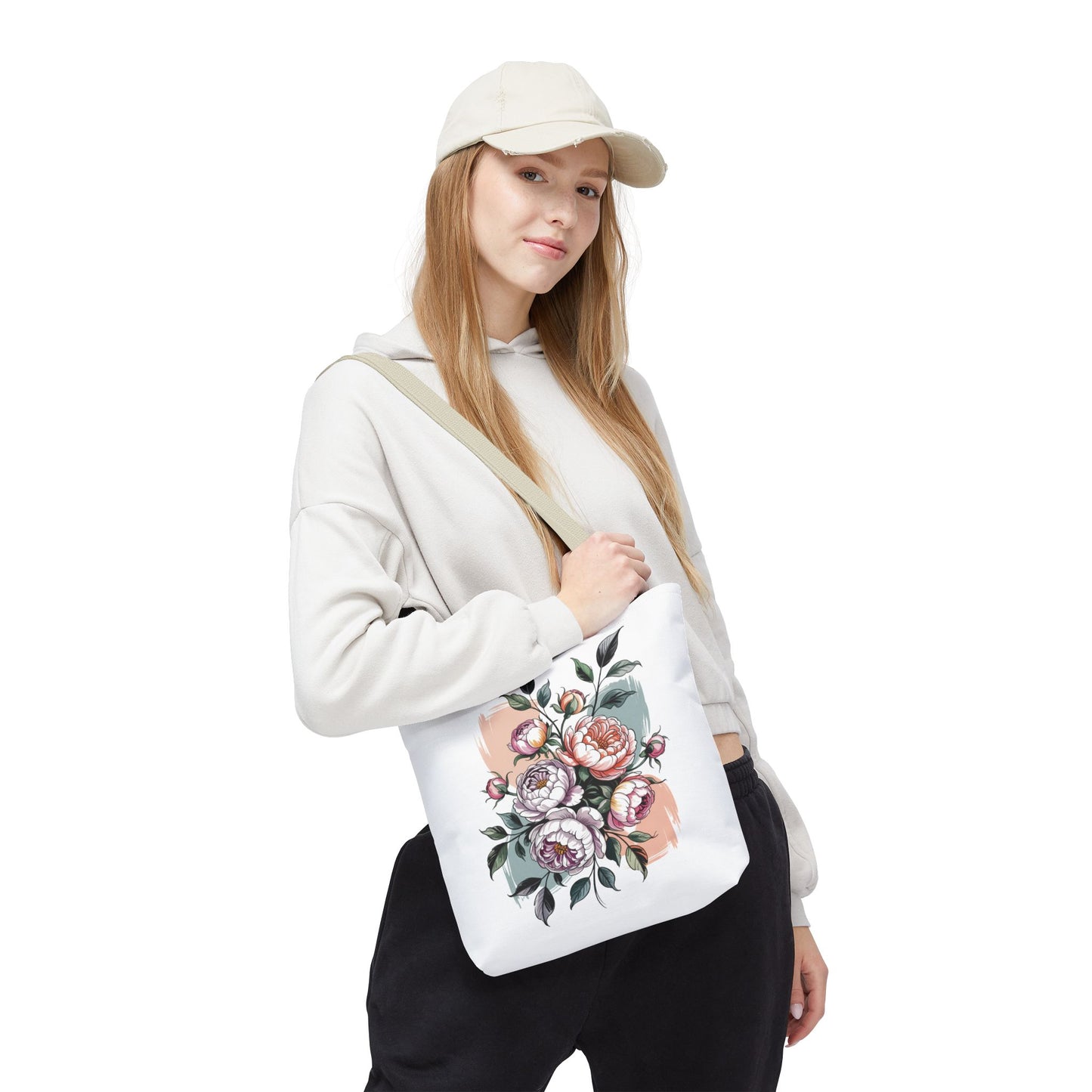 Vintage Peony Tote Bag with a vintage floral design, perfect for nature lovers. Features durable polyester, reinforced handles, and boxed corners. Ideal for carrying essentials, available in three sizes.