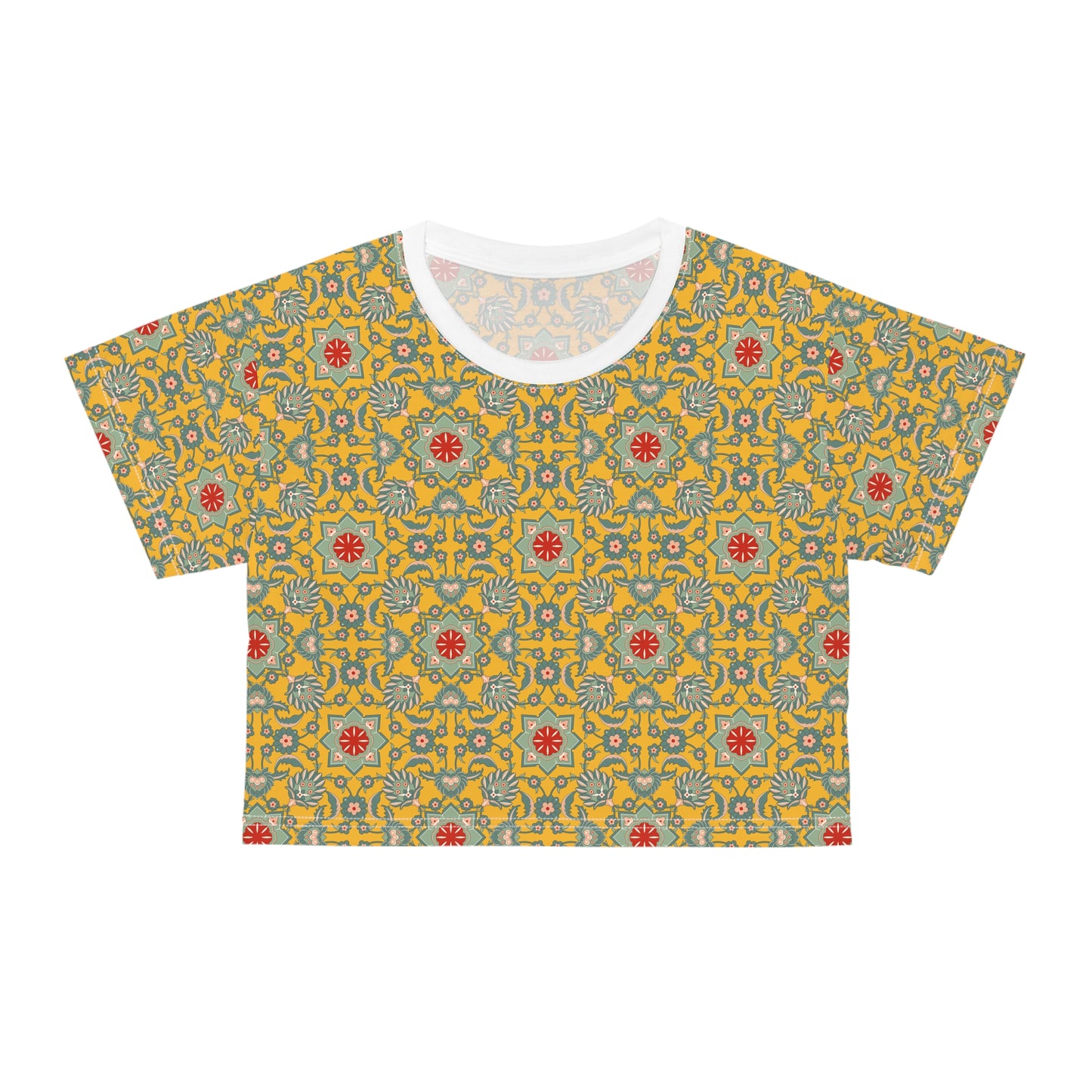 Bohemian Floral - Vibrant Yellow Patterned Top for Festivals and Summer Outings Crop T-Shirt, featuring a dynamic all-over print, ribbed knit collar, and lightweight fabric, ideal for stylish, comfortable wear.