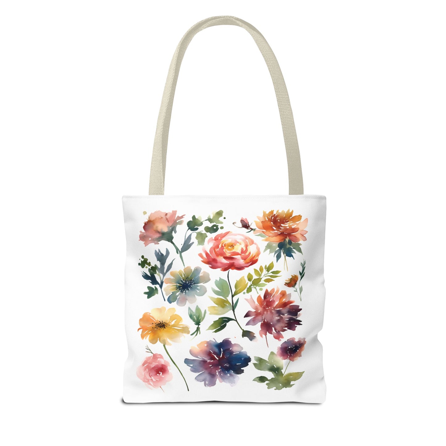 Watercolor Floral Tote Bag featuring colorful flowers, ideal for daily use with durable polyester, reinforced handles, and stylish design from FireBrook Essentials.