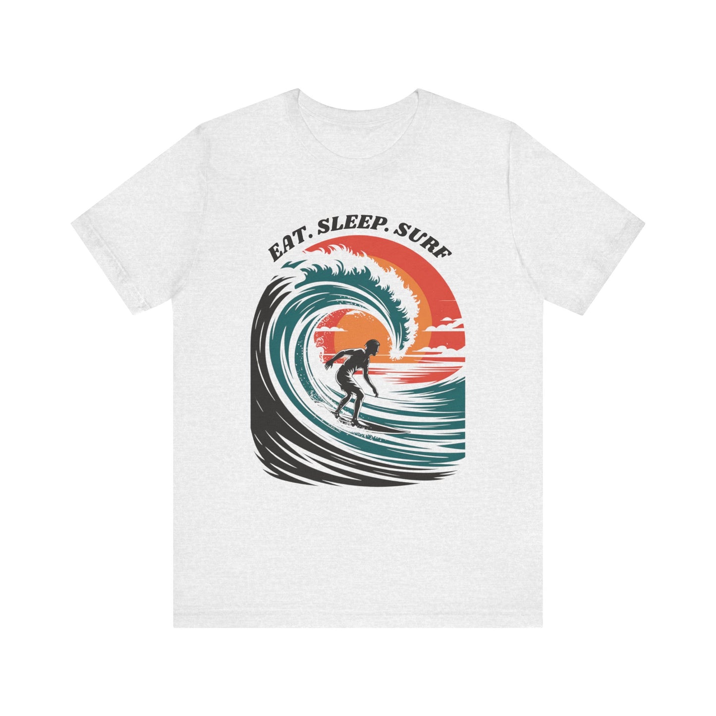 Surf Tee - Eat Sleep Surf Design featuring a white t-shirt with a surfer riding a wave graphic, capturing a laid-back, beachy vibe perfect for casual wear and surf enthusiasts.