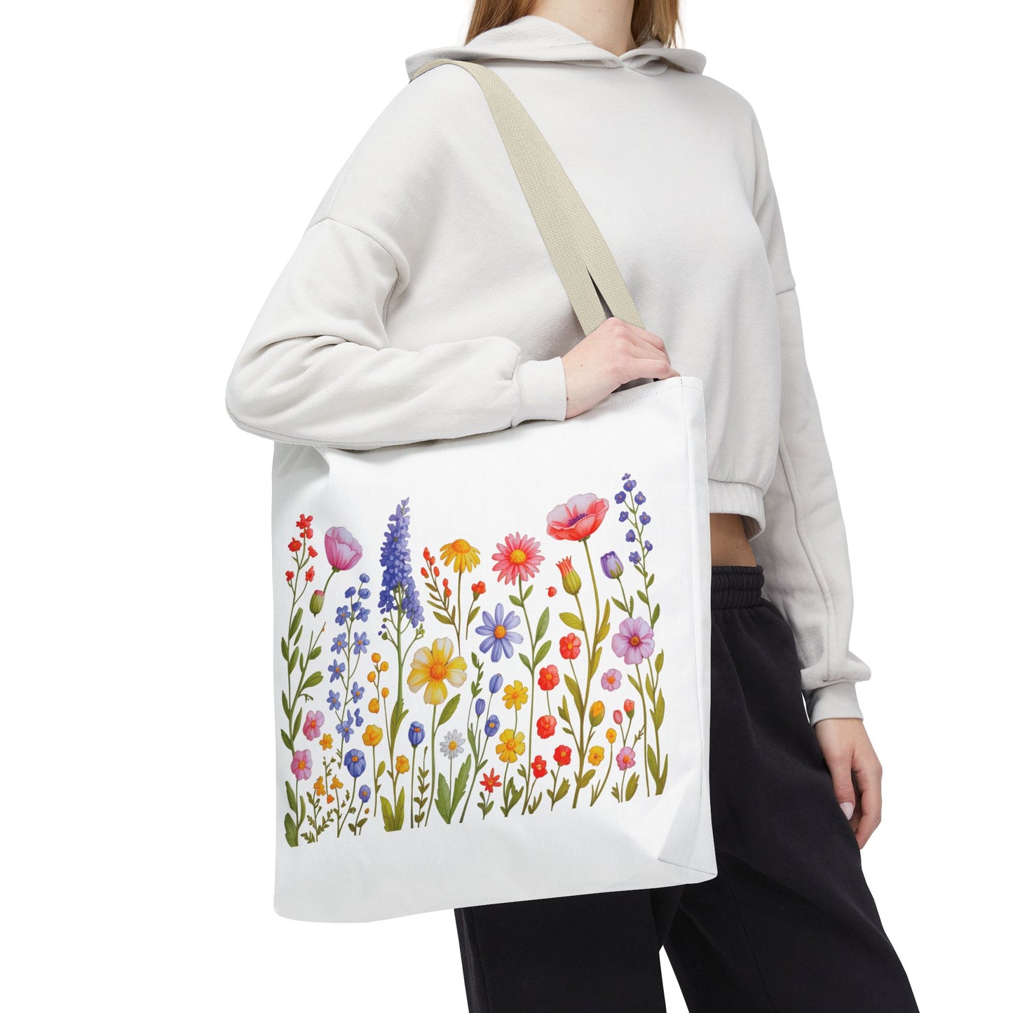 Wildflowers Tote Bag featuring a vibrant wildflower design, embodying a free-spirited, natural vibe. Ideal for everyday use, this durable, stylish bag aligns with FireBrook Essentials' focus on uplifting, practical fashion.