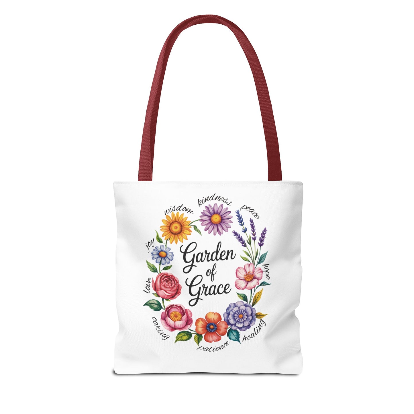 Garden of Grace Watercolor Design Tote Bag features hand-drawn pastel flowers with 'Garden of Grace' text, offering charm and durability, ideal for daily use or gifting, reflecting FireBrook Essentials' uplifting style.