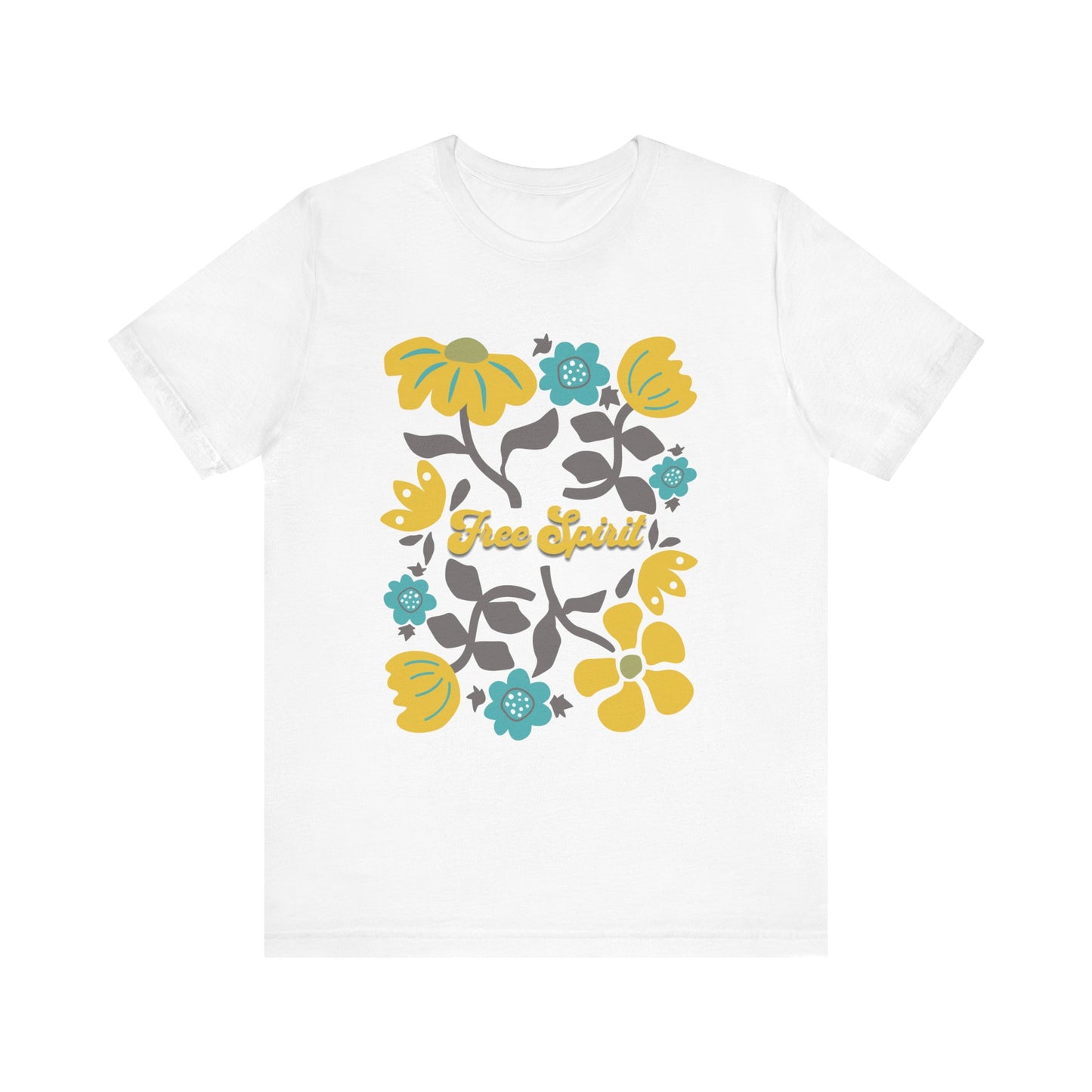 Free Spirit Bella+Canvas Unisex T-Shirt featuring a white base adorned with vibrant yellow and blue floral patterns, embodying a relaxed, nature-inspired design ideal for casual and active wear.
