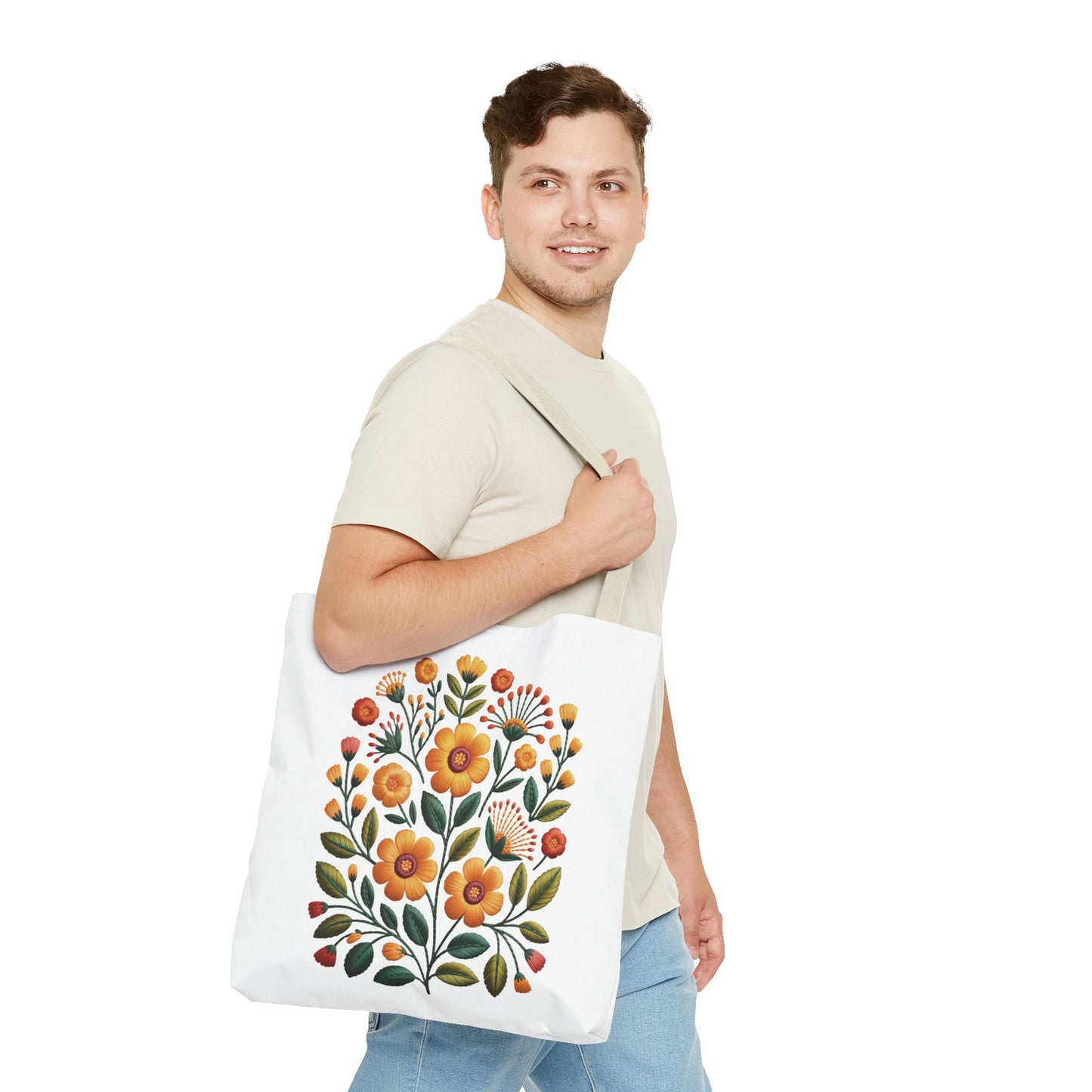 Folk Art Floral Faux Embroidery Style Tote Bag with warm yellow and earth-toned floral design, featuring reinforced handles and boxed corners, ideal for daily use and gifting.