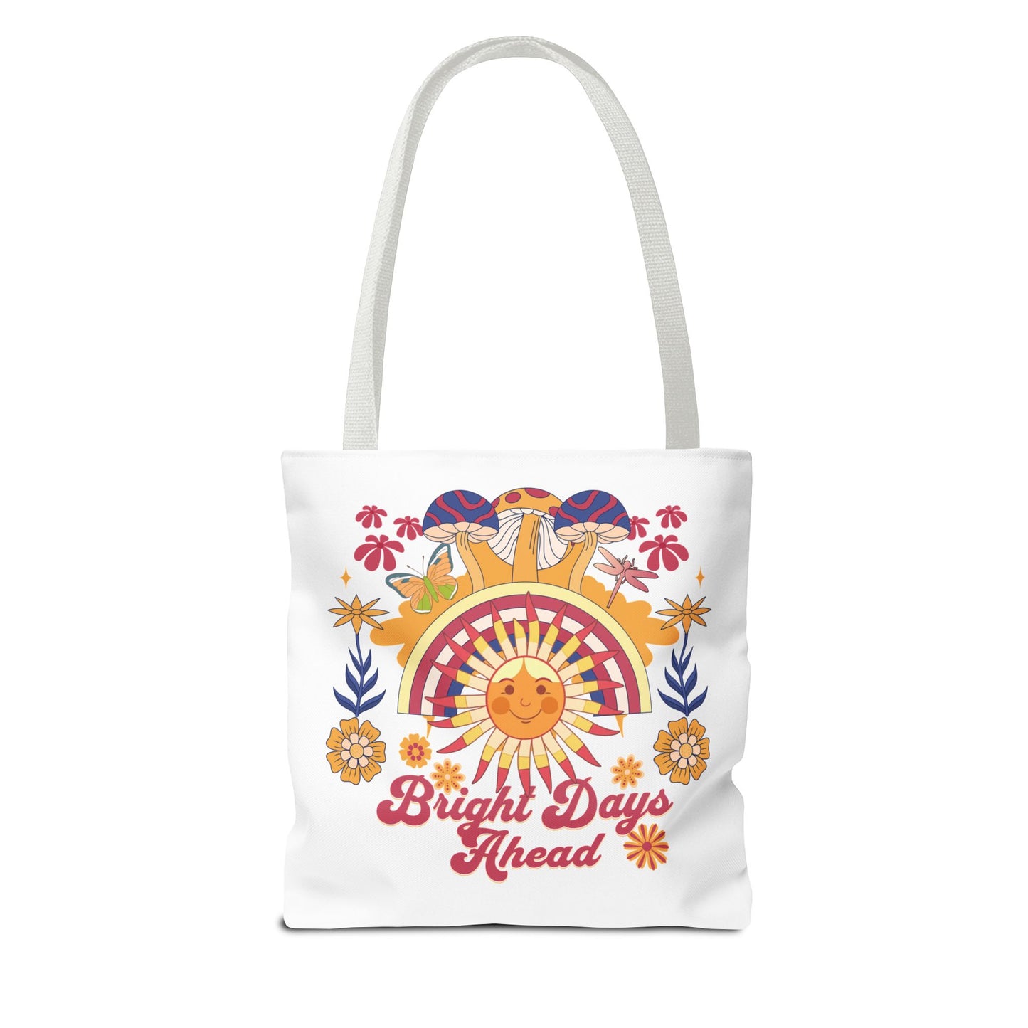 Bright Days Ahead Sunshine Floral Tote Bag adorned with cheerful sunshine, flowers, and butterflies, perfect for outdoor adventures. Features durable polyester body, reinforced handles, and boxed corners for spaciousness.