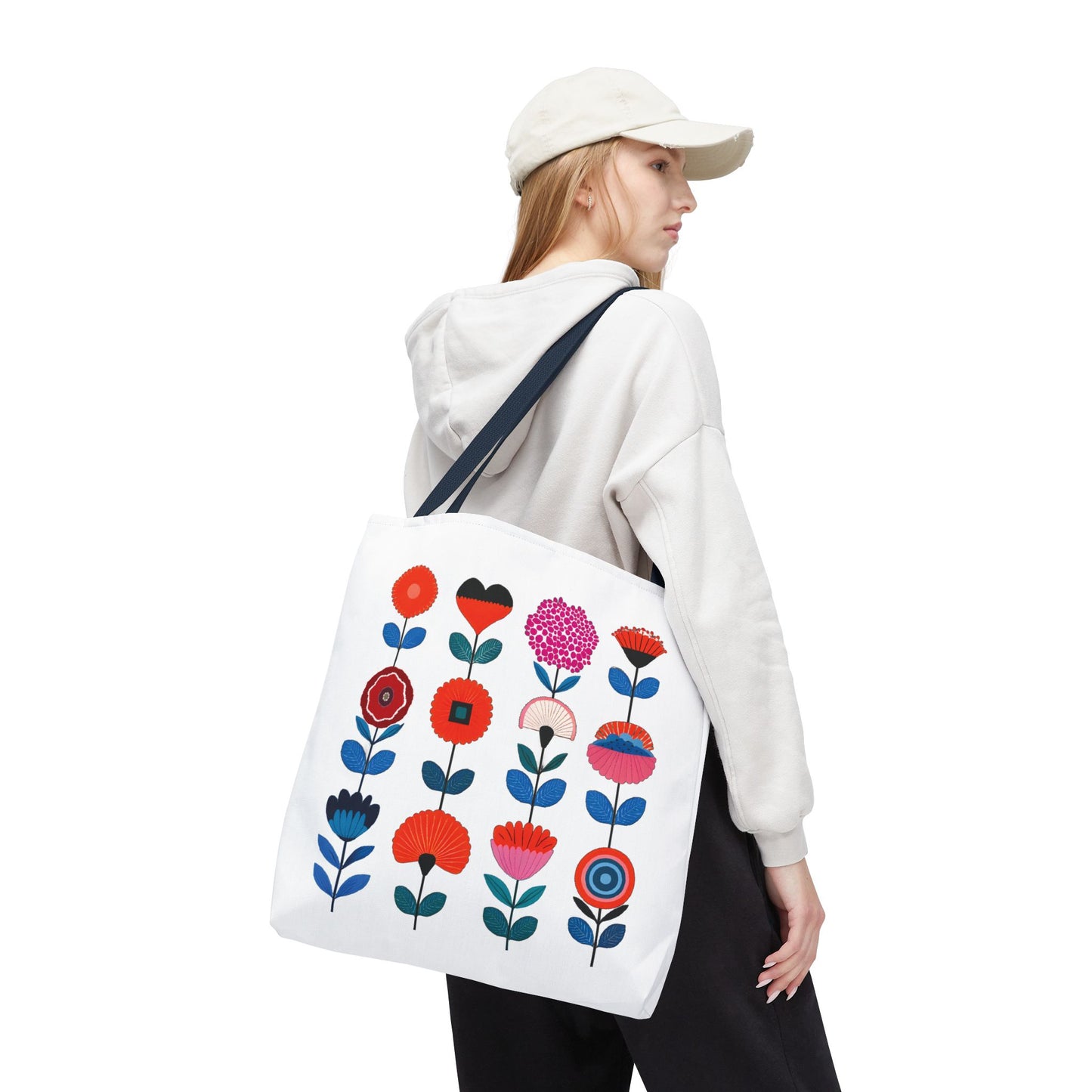 Floral Pattern Tote Bag, featuring vibrant flower designs, worn by a woman in casual attire, showcasing its stylish and practical appeal for everyday use.