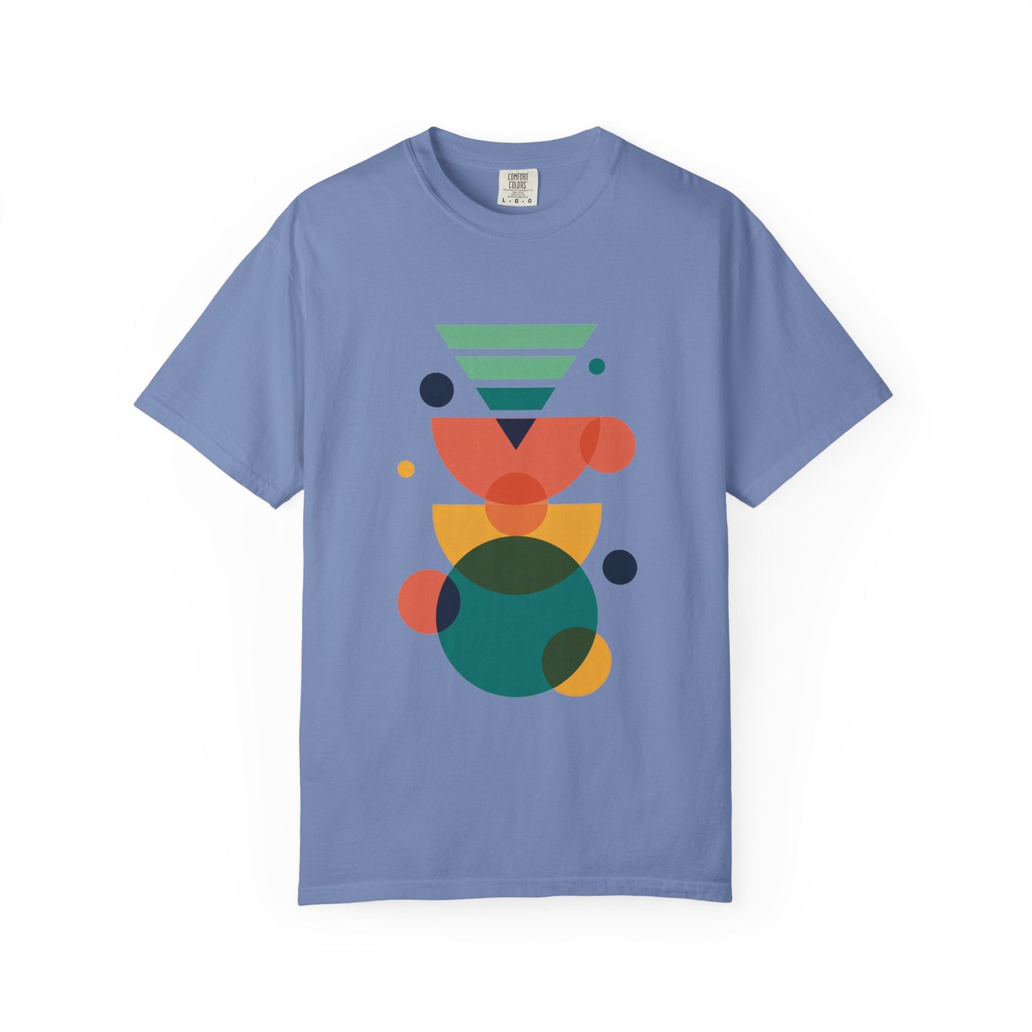 Geometric Abstract T-Shirt with a trendy vector-style design of colorful geometric shapes, offering a relaxed fit and soft texture, ideal for versatile, stylish wear from FireBrook Essentials.
