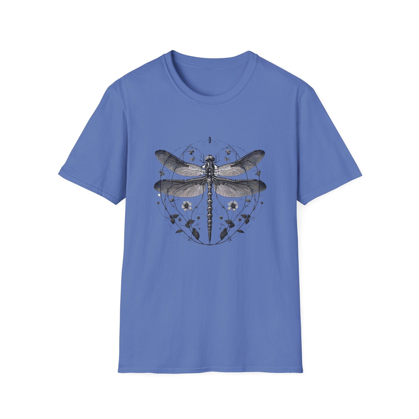 Dragonfly Gildan Unisex T-Shirt showcasing a unique dragonfly design, symbolizing individuality and comfort. Perfect for casual wear, made from ethically sourced cotton, aligning with FireBrook Essentials' commitment to positivity and sustainability.