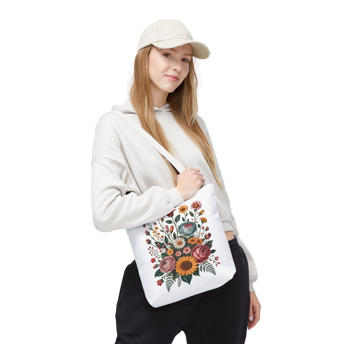 Botanical Vintage Flower Tote Bag featuring a collage of muted pastel and warm-toned flowers, perfect for nature enthusiasts. Durable polyester with reinforced handles, ideal for carrying essentials stylishly.