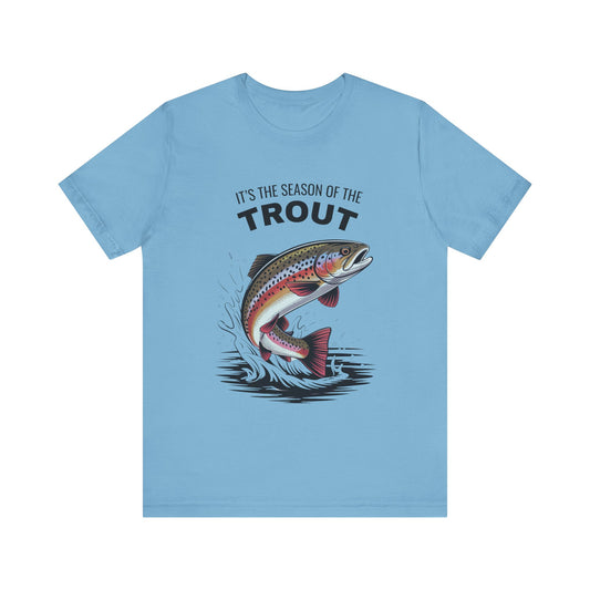It's the Season of the Trout Summer Gildan Unisex T-Shirt with a vibrant fish design, perfect for nature lovers, crafted for comfort and style by FireBrook Essentials.