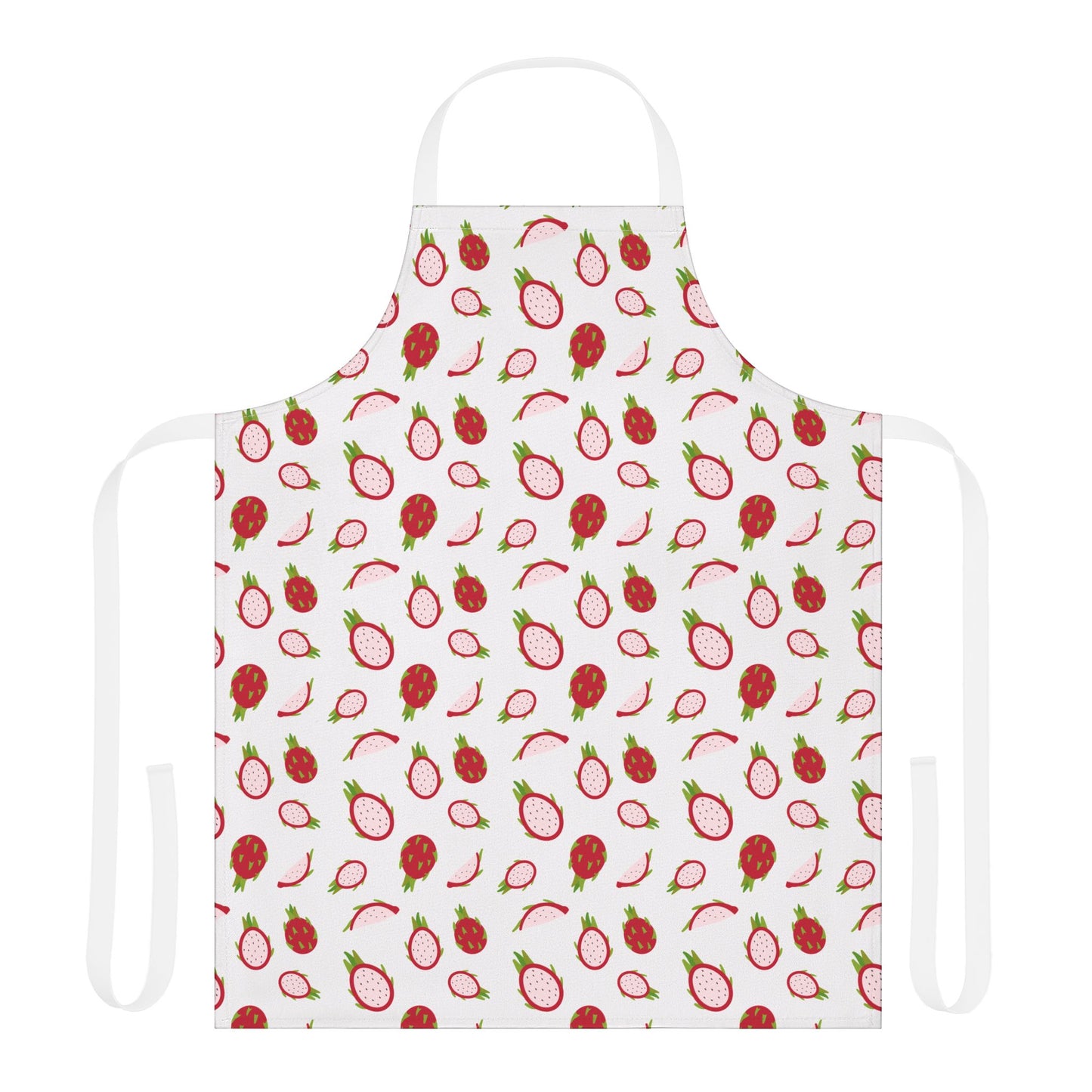 Dragonfruit Apron featuring a vibrant red fruit pattern on white, perfect for adding a whimsical touch to any kitchen. Ideal for creative chefs and passionate bakers seeking style and practicality.
