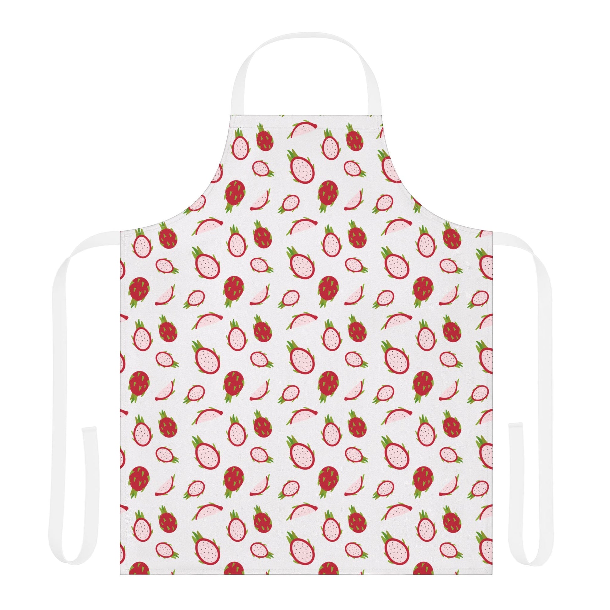 Dragonfruit Apron featuring a vibrant red fruit pattern on white, perfect for adding a whimsical touch to any kitchen. Ideal for creative chefs and passionate bakers seeking style and practicality.