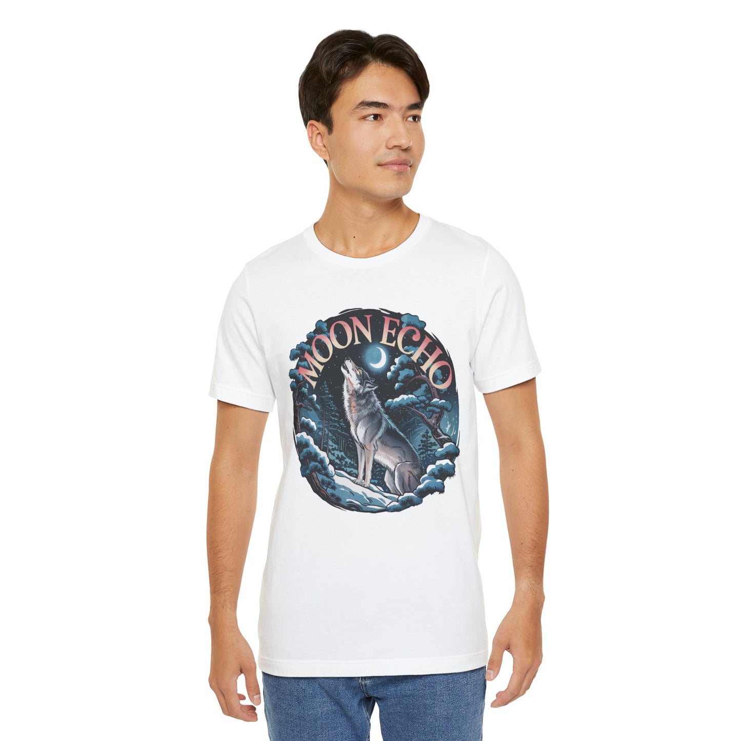 Man wearing Moon Echo Wolf Howling Beneath the Moon Bella+Canvas Unisex T-Shirt, featuring a wolf howling at the moon design, ideal for nature and wildlife enthusiasts.