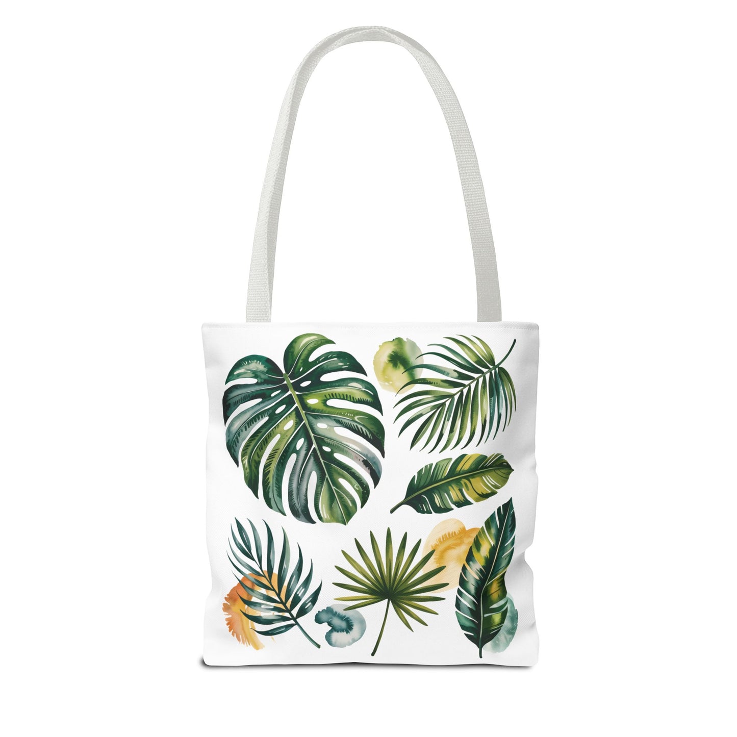Tropical Leaves Tote Bag with vibrant leaf patterns, perfect for beach or shopping, showcasing FireBrook Designs' commitment to style and durability. Ideal for summer outings and eco-conscious individuals.