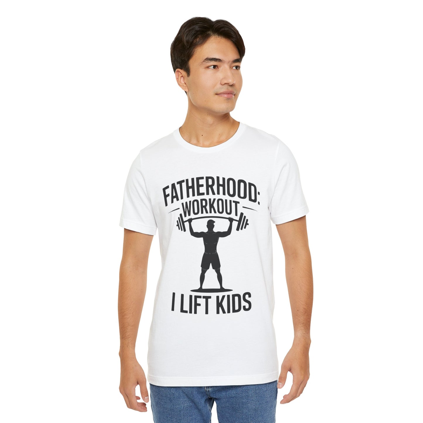 Fatherhood: Workout - I Lift Kids Father's Day Bella+Canvas Unisex T-Shirt featuring a man wearing it with a graphic design, ideal for active dads.