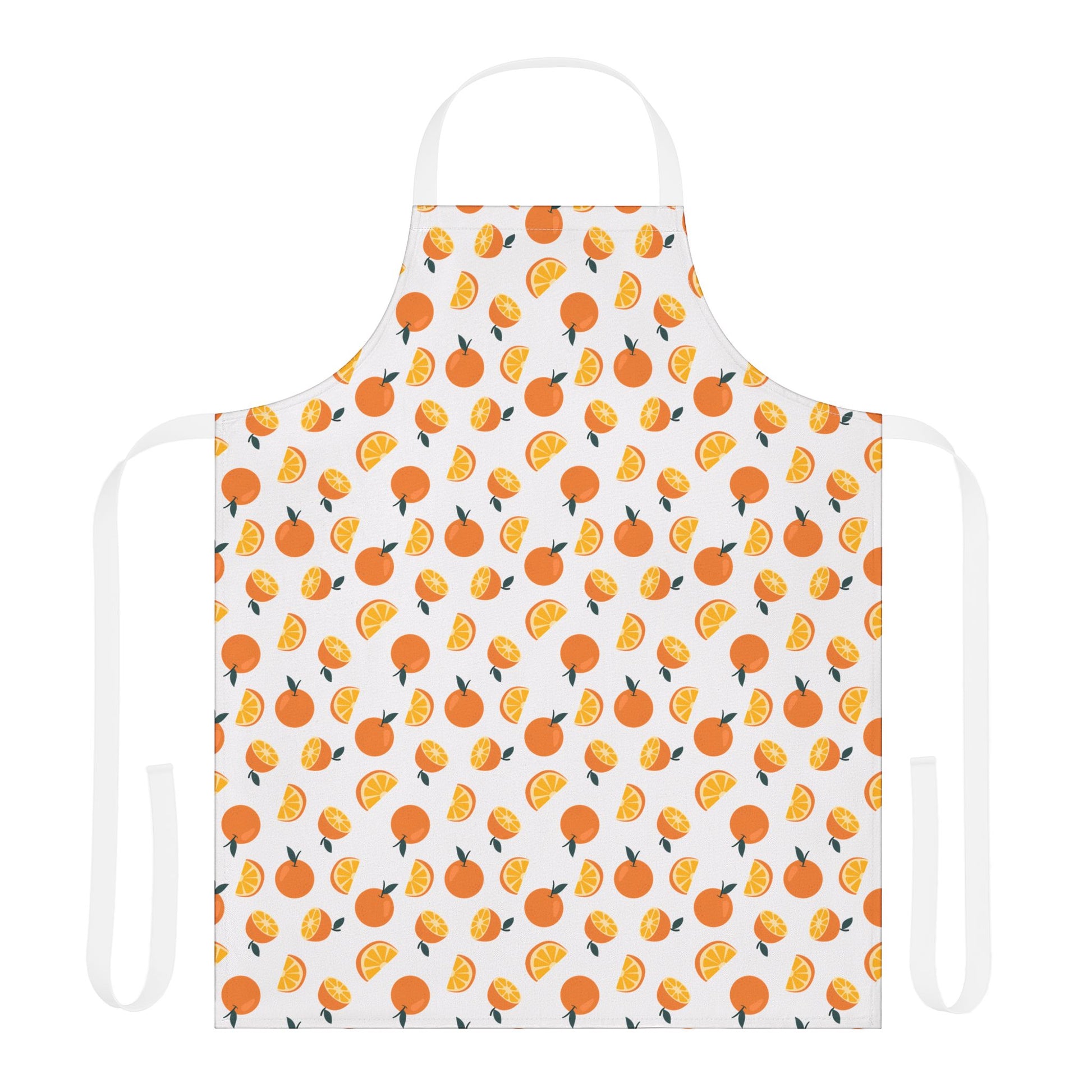 Oranges Apron featuring a lively orange pattern on white fabric, showcasing vibrant design, adjustable straps, and stain-resistant material, ideal for joyful cooking or crafting. Perfect for the stylish, practical enthusiast.