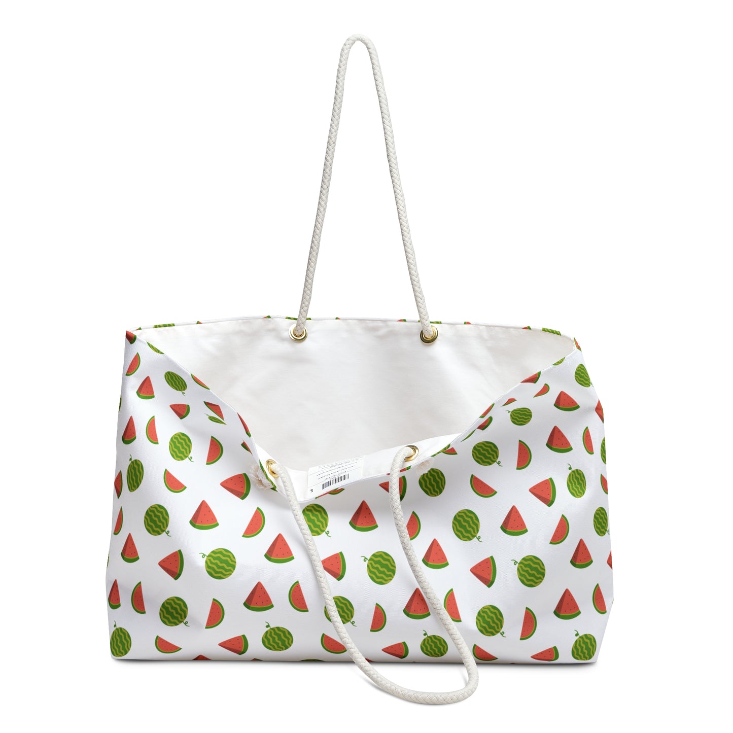 Weekender Bag - Watermelon Pattern Travel Tote for Summer Getaways, featuring a durable, wrinkle-resistant white bag with vibrant watermelon designs and sturdy rope handles, perfect for beach holidays and summer adventures.