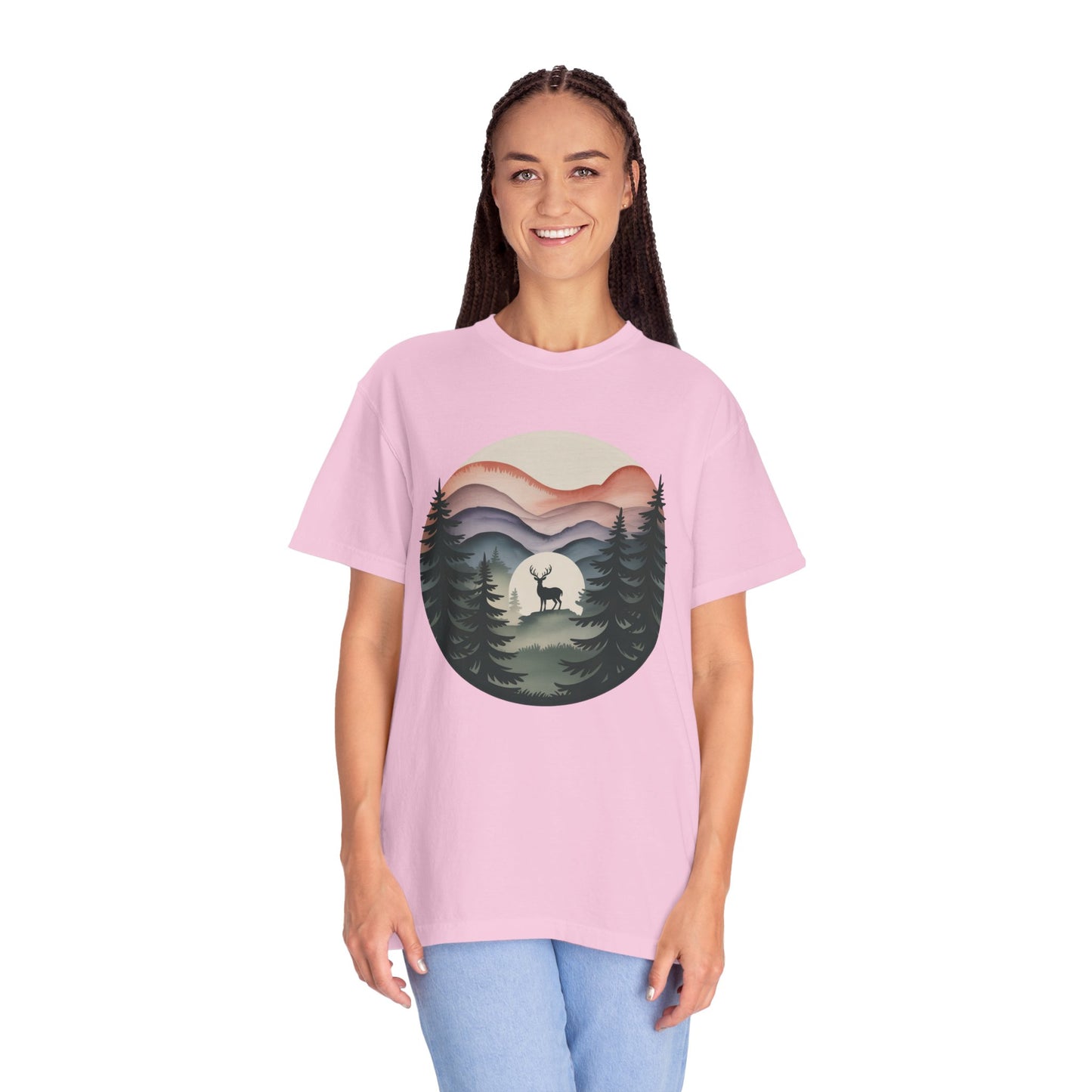 Nature Wanderer T-Shirt featuring a serene sage-green pine forest design with indigo-to-lavender mountain silhouettes, a celestial moon, and a minimalist stag, embodying tranquility and wilderness for nature enthusiasts.