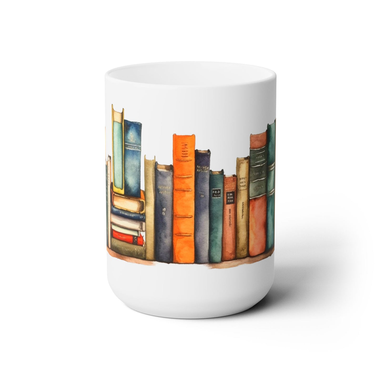 Books Ceramic 15 oz Coffee Mug features an artful arrangement of books, ideal for educators, students, and book lovers. Crafted from sturdy ceramic, it promises a joyful start to your day.