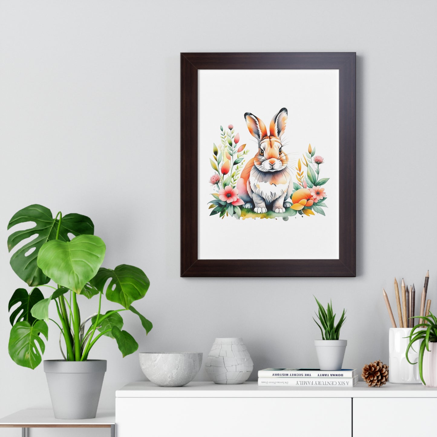 Bunny Wall Art features a charming framed rabbit painting, perfect for adding whimsy to any space. It's ideal for nurseries or children's rooms, aligning with FireBrook Essentials' uplifting design ethos.