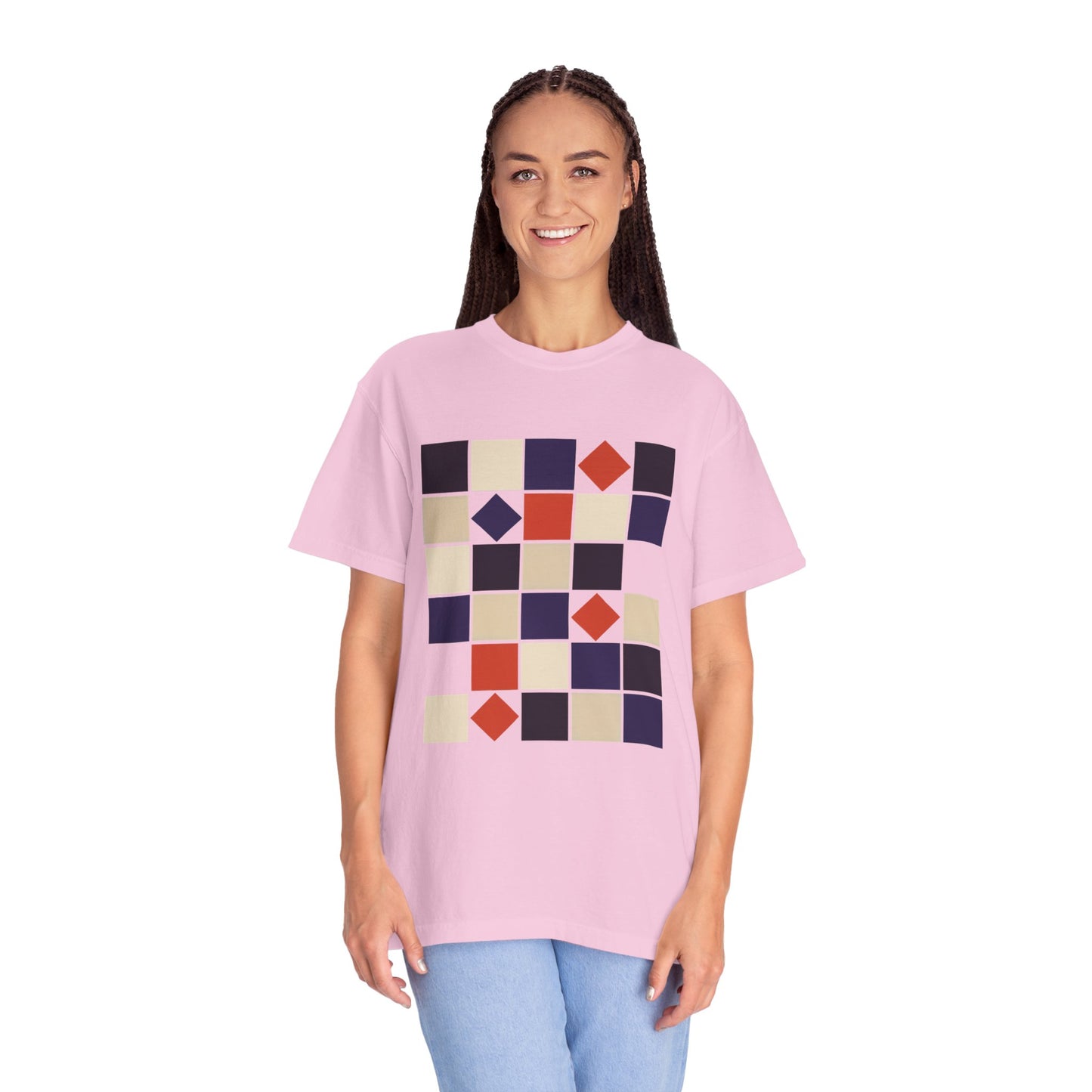 Square Grid Abstract in Monochrome Palette T-Shirt featuring a grid of perfectly aligned, 45° rotated squares, showcasing a modern, stylish design on soft, durable, 100% ring-spun US cotton fabric.