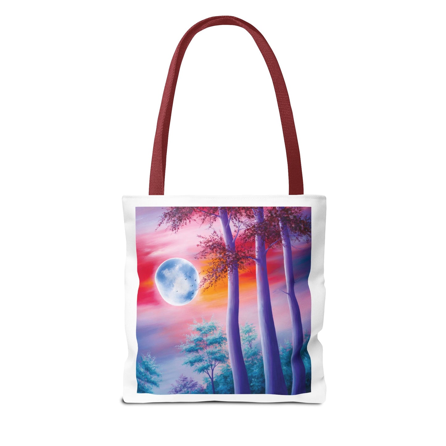 Moonlit Forest Tote Bag featuring a mystical full moon, towering trees, and a dramatic sunset sky, perfect for art lovers and nature enthusiasts. Available in three sizes with durable polyester and reinforced handles.