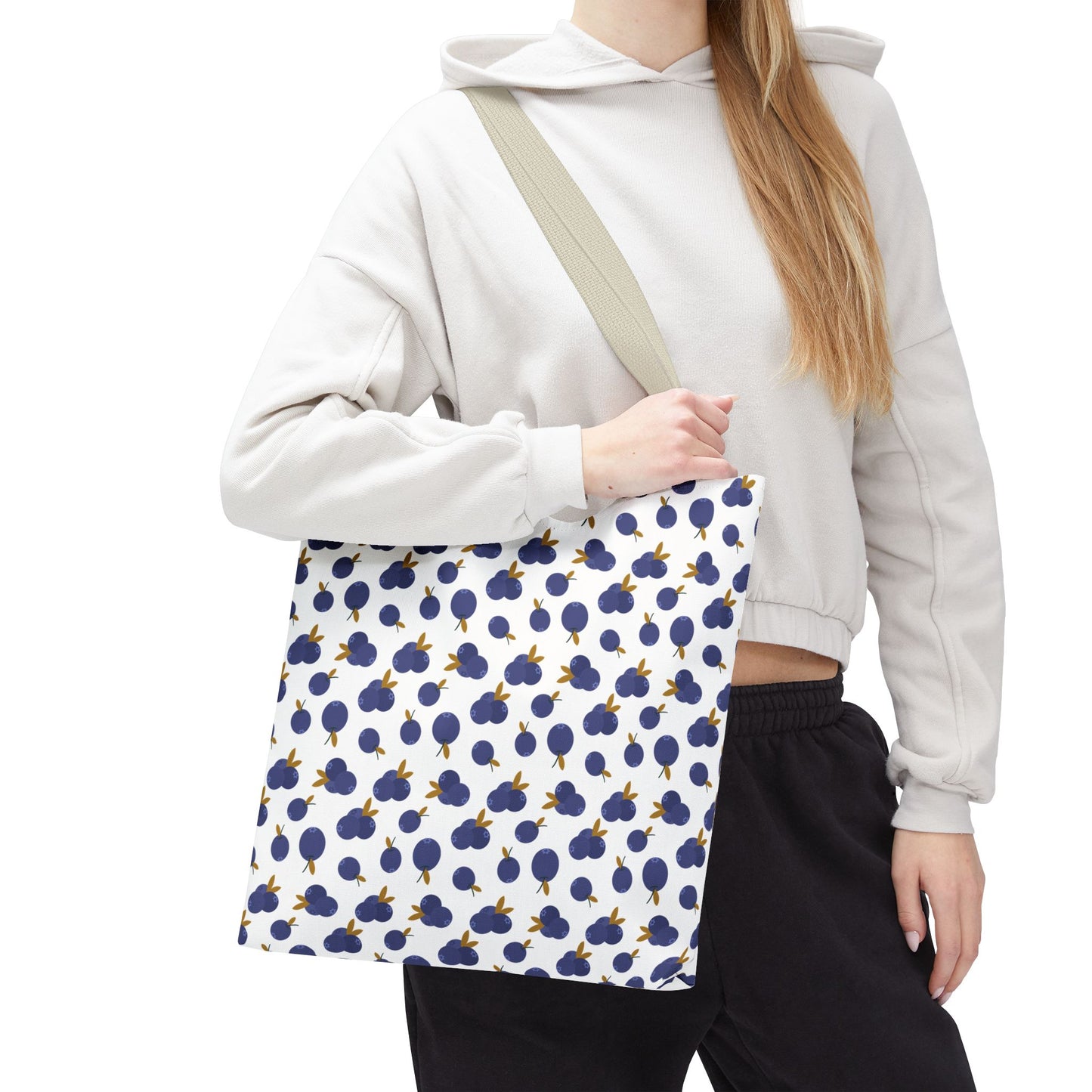 Blueberry Tote Bag with charming blueberry pattern and durable polyester build, featuring reinforced handles and boxed corners for extra space—perfect for stylish, everyday use from FireBrook Designs.