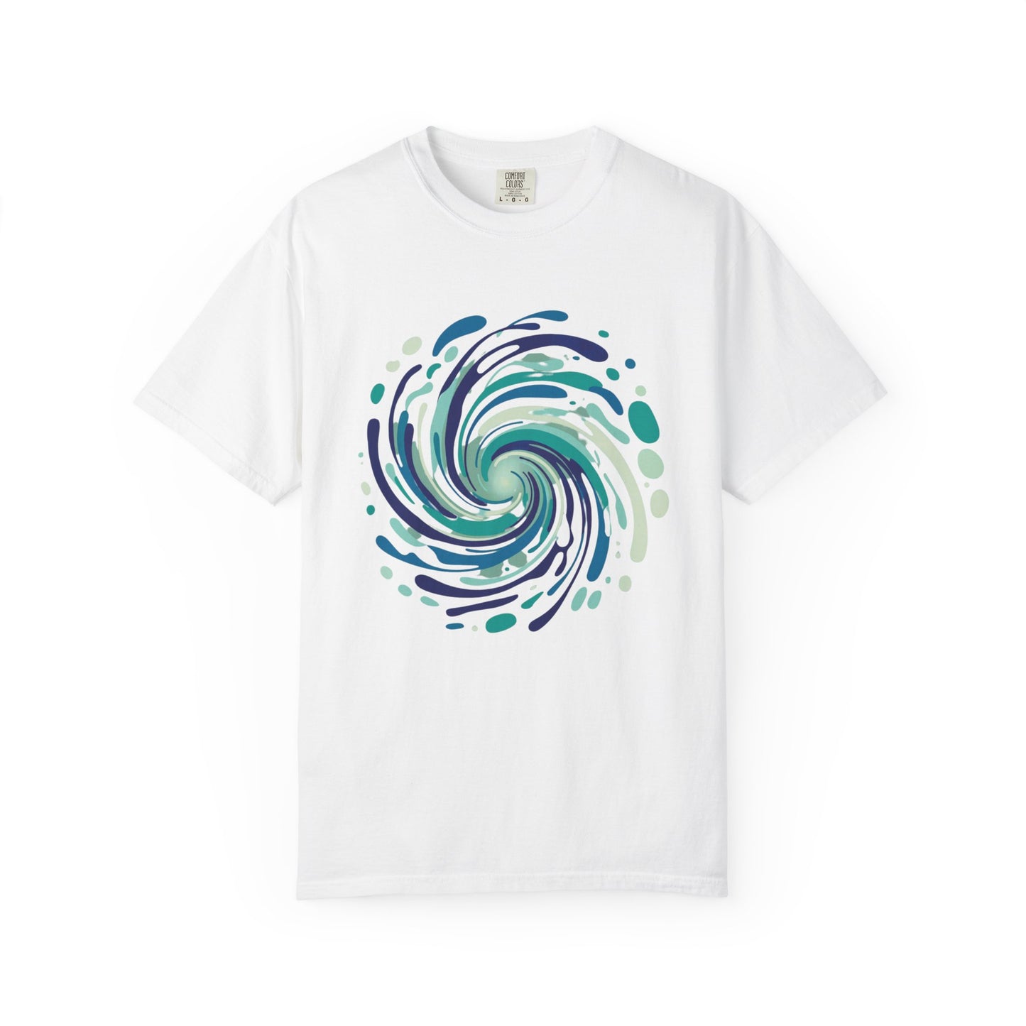 Ocean Waves Abstract T-Shirt featuring a dynamic vortex design of fluid lines and bubble accents, perfect for summer and beach wear. Ethically crafted for comfort and style from FireBrook Essentials.