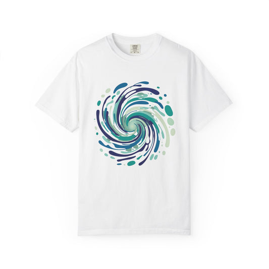 Ocean Waves Abstract T-Shirt featuring a dynamic vortex design of fluid lines and bubble accents, perfect for summer and beach wear. Ethically crafted for comfort and style from FireBrook Essentials.