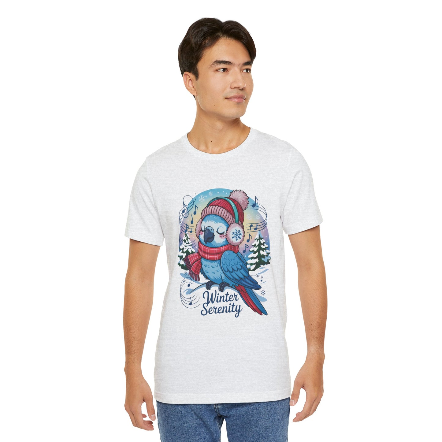 Winter Serenity Cute Baby Parrot Unisex T-Shirt features a whimsical parrot design, ideal for casual winter wear. Crafted from 100% Airlume combed cotton, it offers a comfortable, stylish fit.