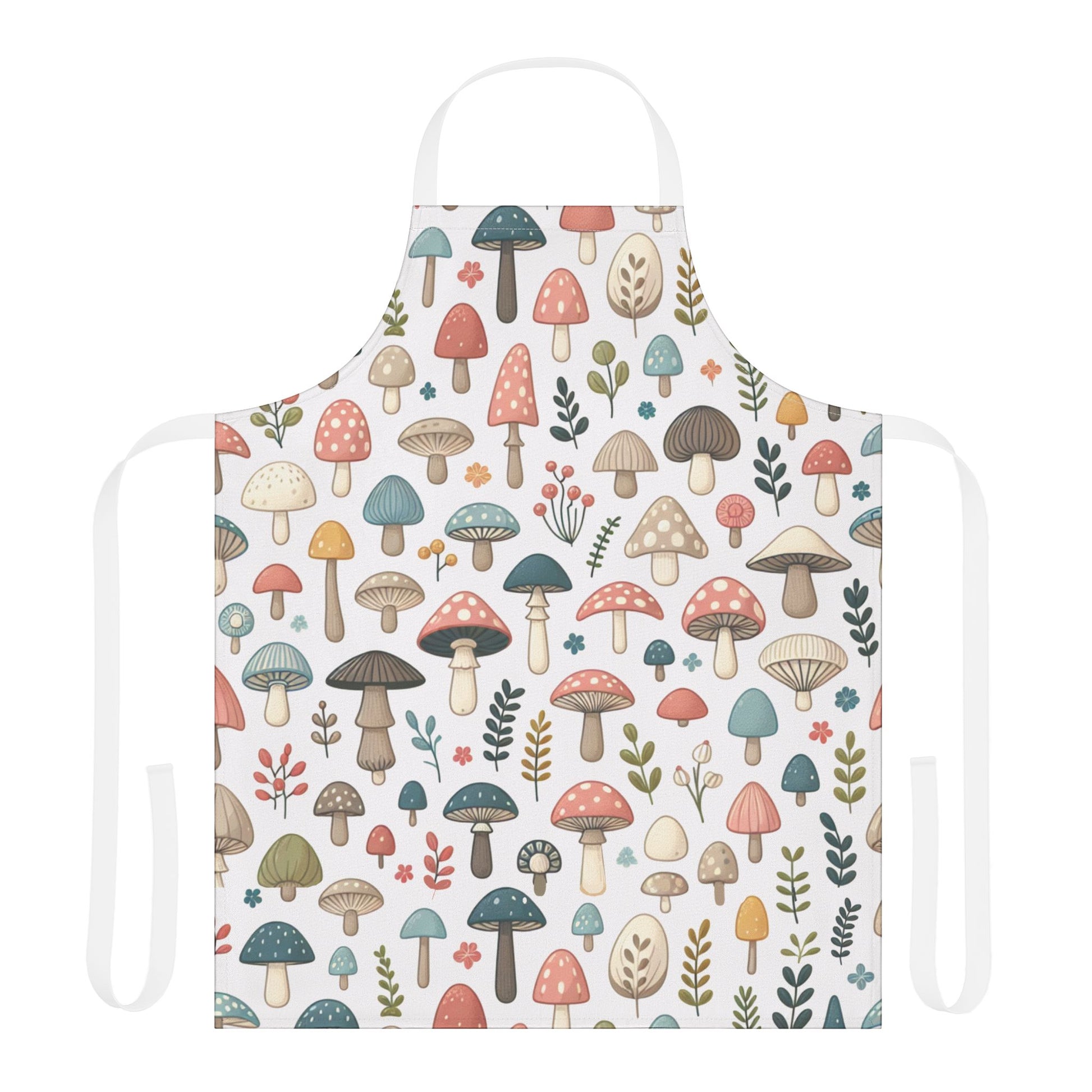 Mushrooms Apron: A whimsical white apron adorned with a playful pattern of mushrooms and leaves, offering charming style and comfort for cooking or crafting activities.