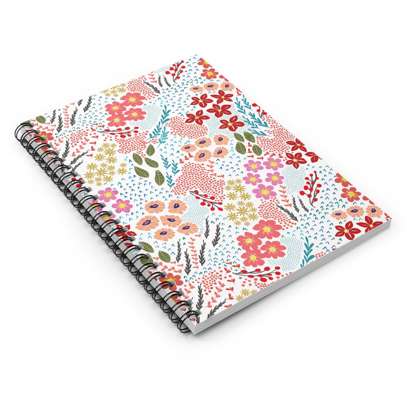 Floral Spiral Notebook featuring a bright, stylized floral pattern with vibrant designs, perfect for sparking creativity and adding a cheerful touch to your daily tasks. Ideal for students and writers.