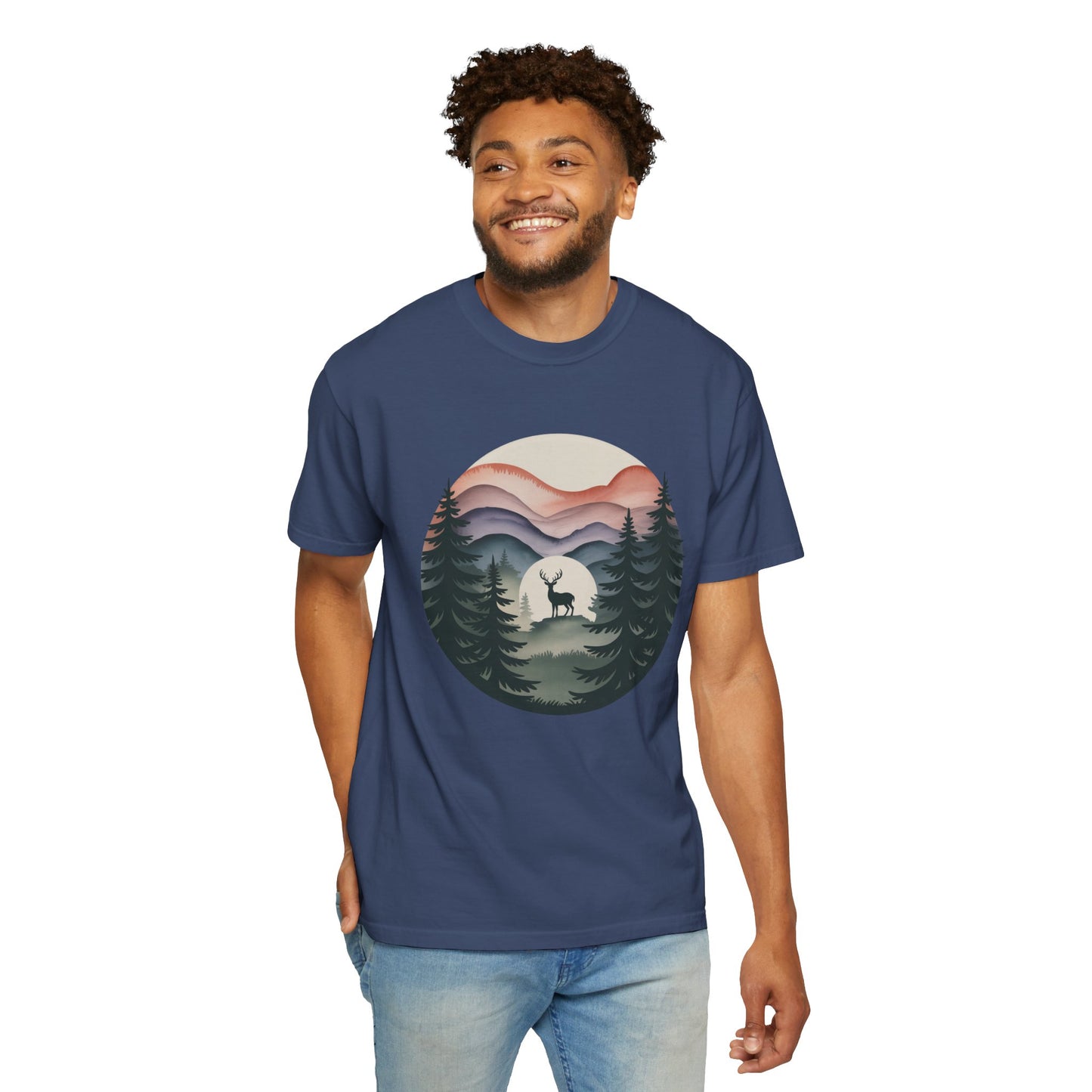 Nature Wanderer T-Shirt depicting a serene forest scene with layered mountain silhouettes, a celestial moon, and a minimalist stag, embodying tranquility and ideal for nature enthusiasts.