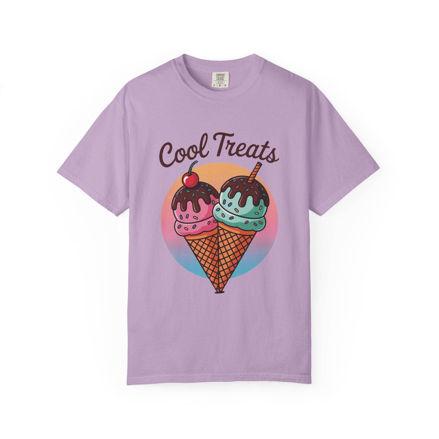 Ice Cream Cool Treats Comfort Colors Unisex T-Shirt featuring two whimsical ice cream cones with cherries on top, ideal for a fun, summery look. Perfect for casual wear and festive gatherings.