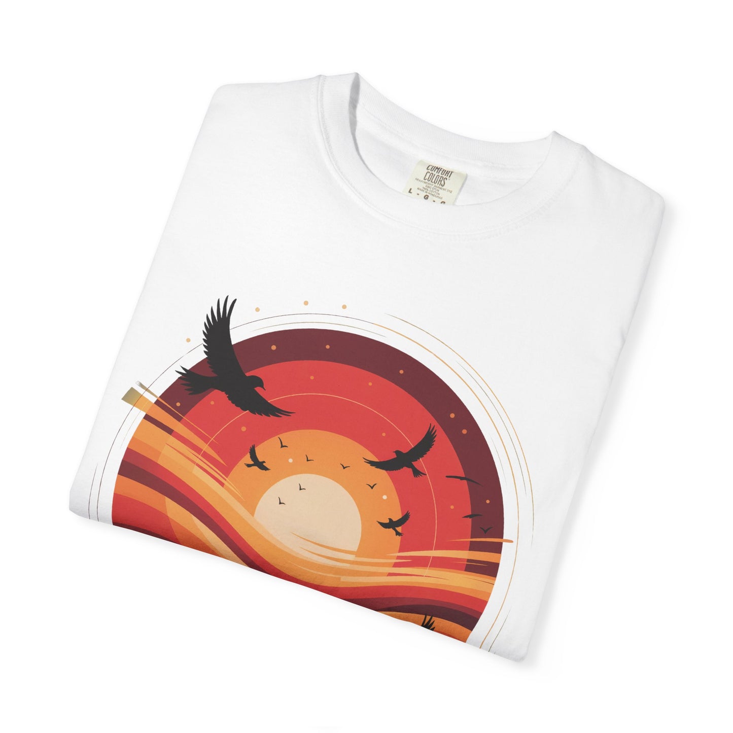 Sunset Energy Abstract T-Shirt featuring a bold, layered sunset design with concentric rings and silhouetted birds, reflecting the dynamic, joyful style of FireBrook Essentials. Ideal for vibrant, casual wear.