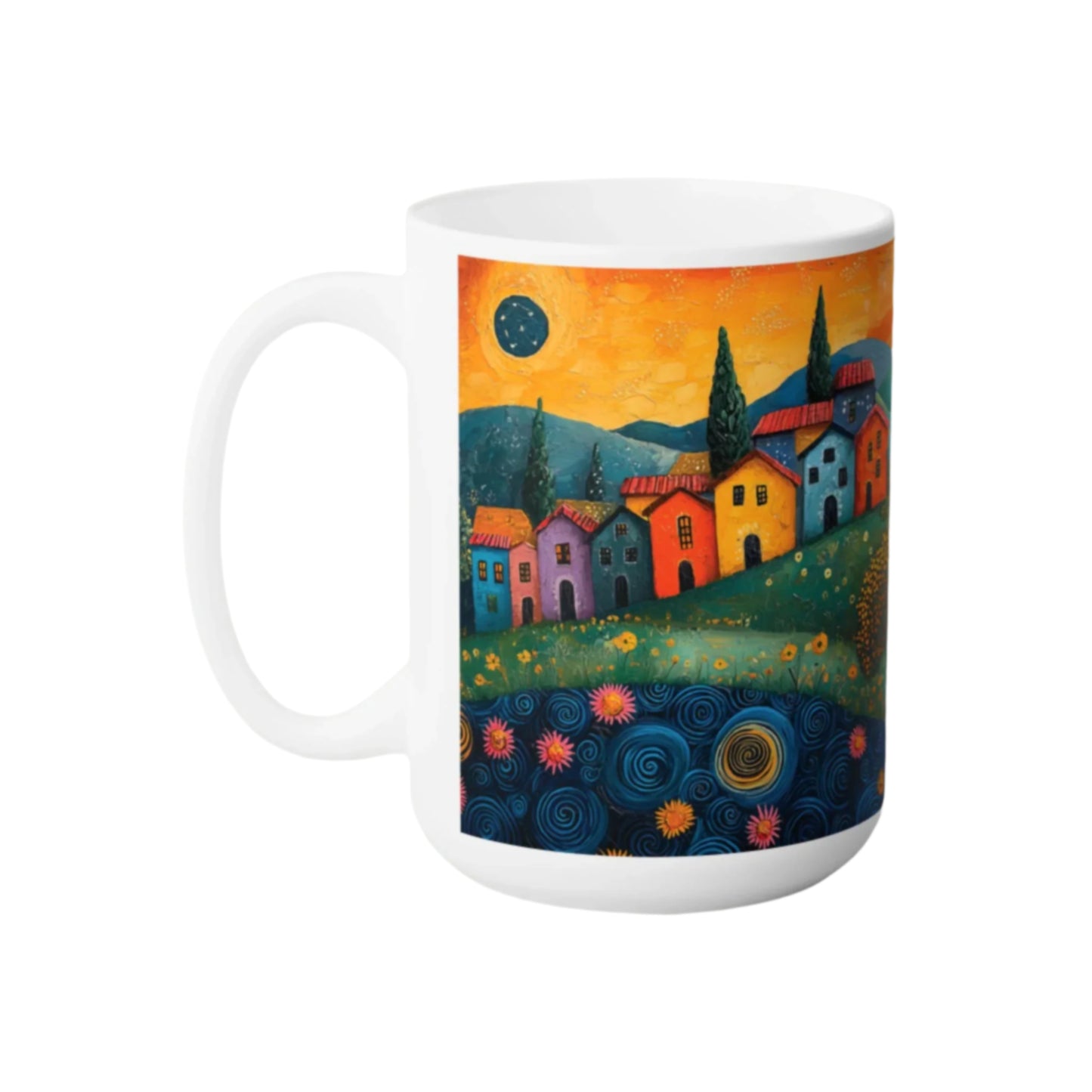 House on the Hill Whimsical Village Mug (15oz) features a serene painting of colorful houses on hills, perfect for adding charm to your coffee routine, embodying FireBrook Essentials' uplifting design ethos.