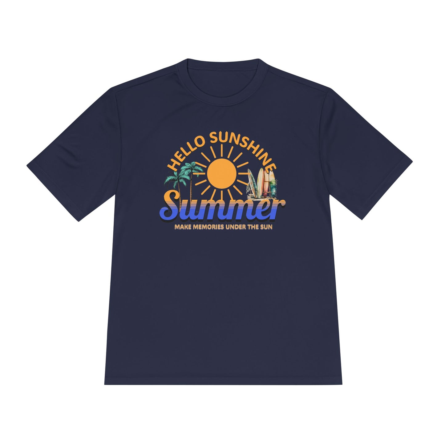 Hello Sunshine Moisture Sport-Tek Unisex Wicking T-Shirt features a vibrant sun, palm trees, and surfboards graphic, offering a fun, breathable design perfect for summer activities.