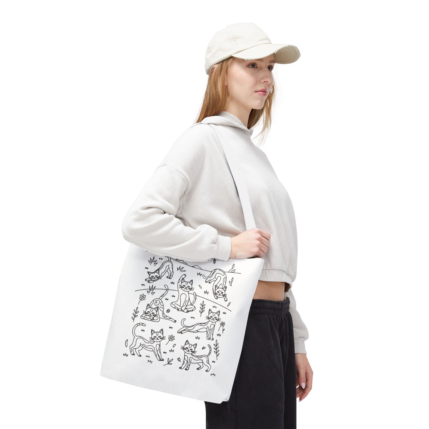 Yoga Cat Tote Bag featuring playful cat yoga poses, ideal for errands. Durable polyester with reinforced handles. Perfect for cat lovers and yoga enthusiasts, offering style and functionality from FireBrook Designs.